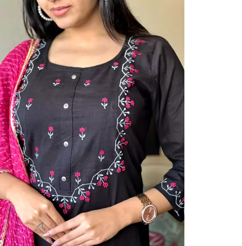 Trending Cotton Black Kurta Pant and Dupatta set