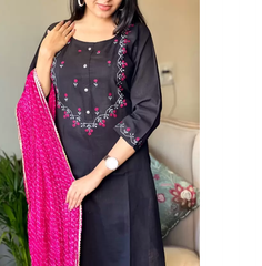 Trending Cotton Black Kurta Pant and Dupatta set