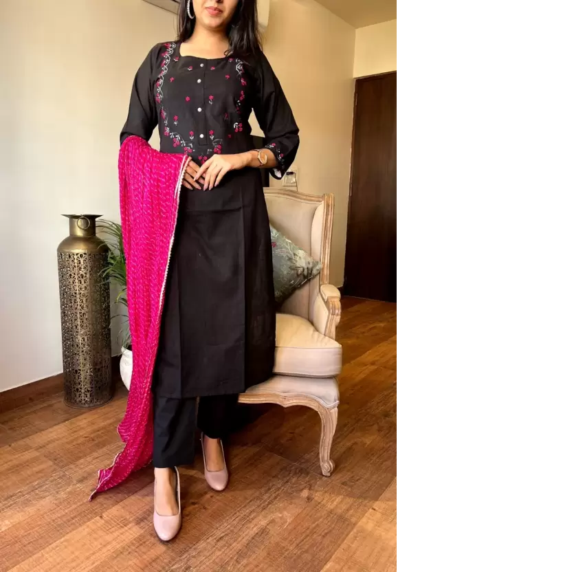 Trending Cotton Black Kurta Pant and Dupatta set