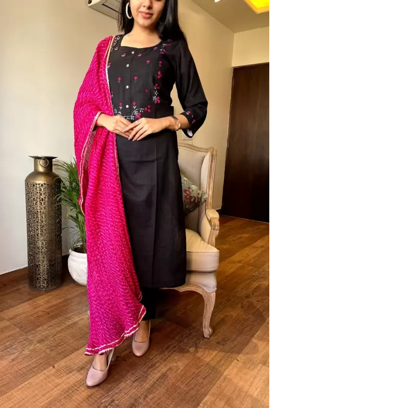 Trending Cotton Black Kurta Pant and Dupatta set