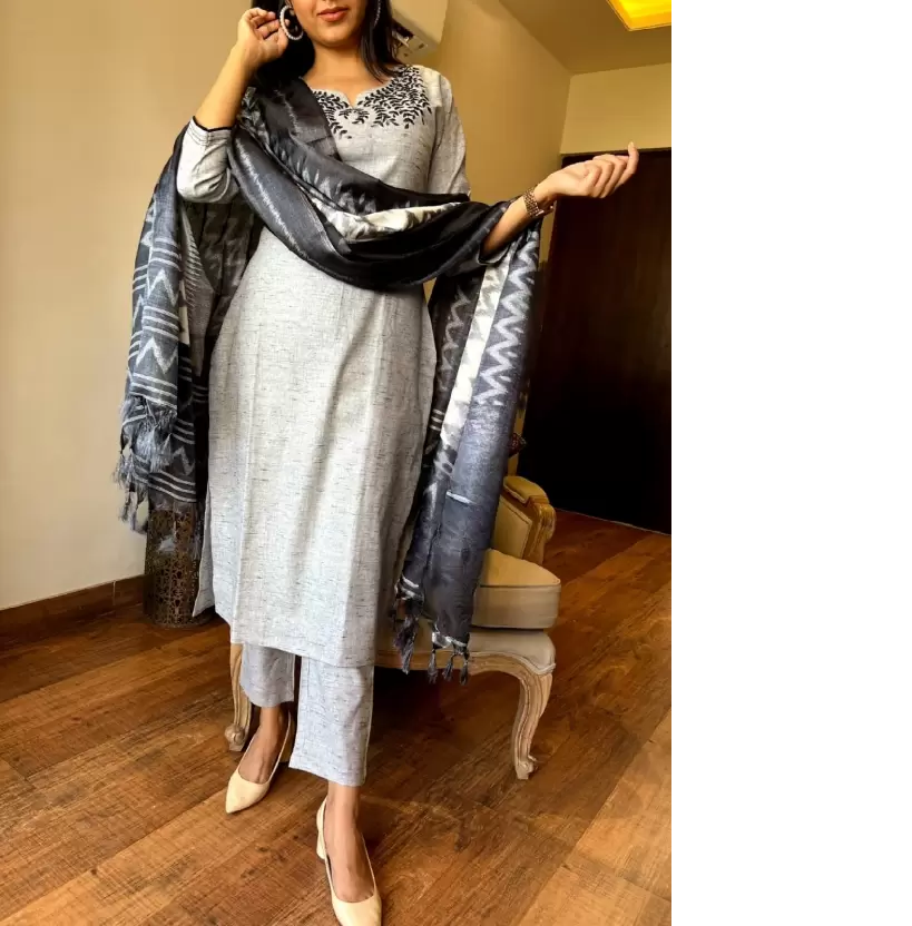 Trending Cotton Grey Kurta Pant and Dupatta set