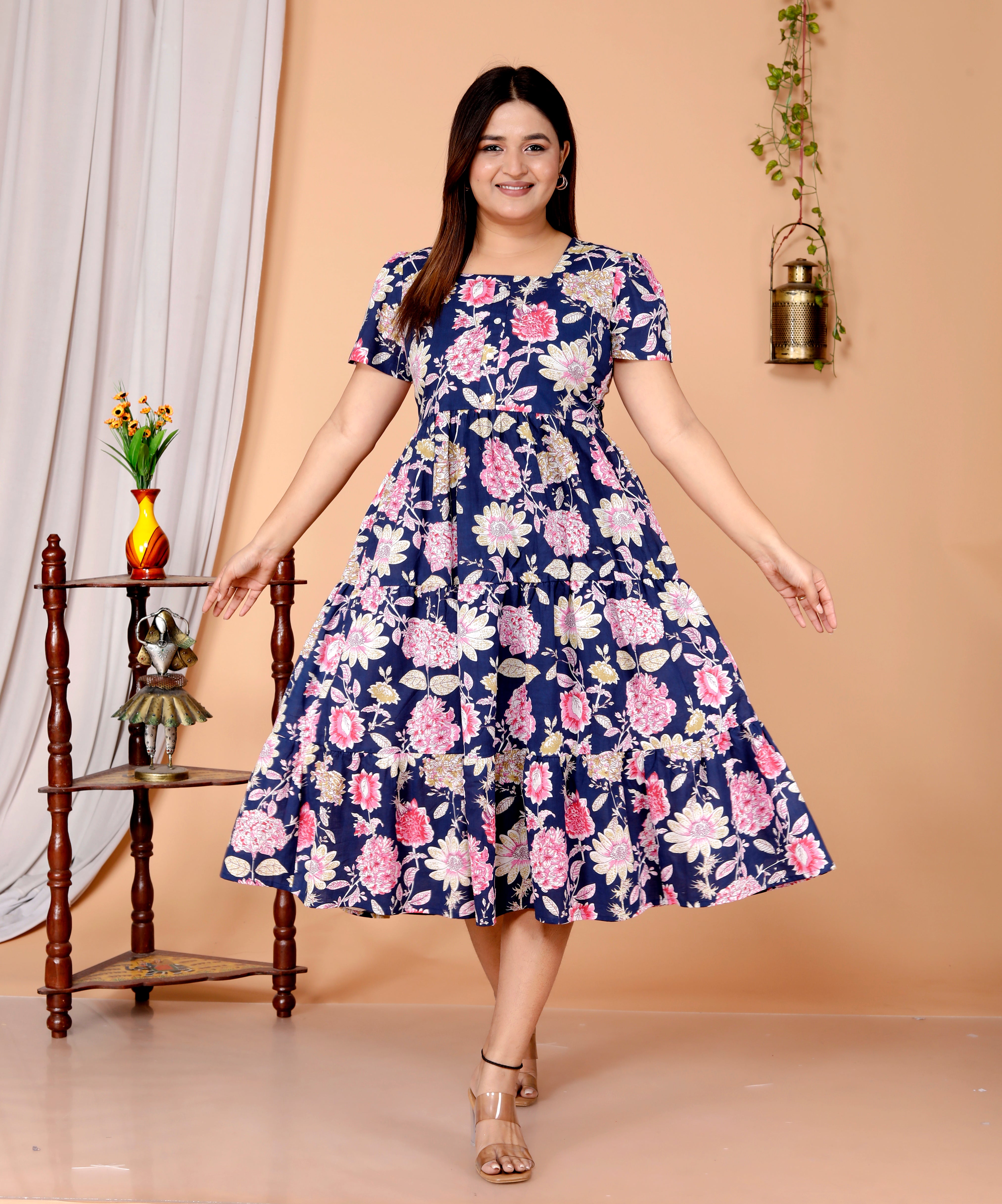 Women Blue Floral Cotton Middi Gown