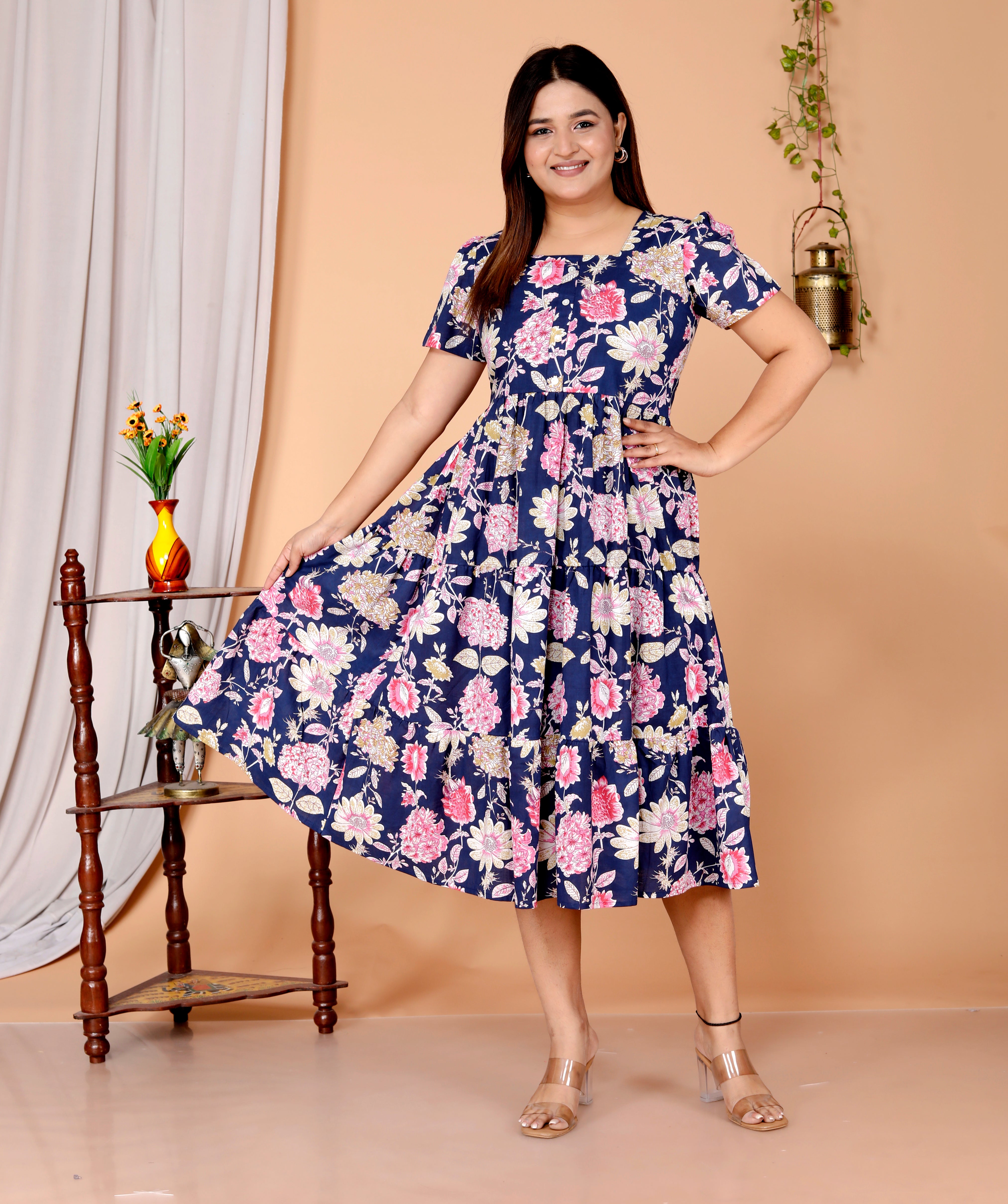 Women Blue Floral Cotton Middi Gown