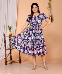 Women Blue Floral Cotton Middi Gown