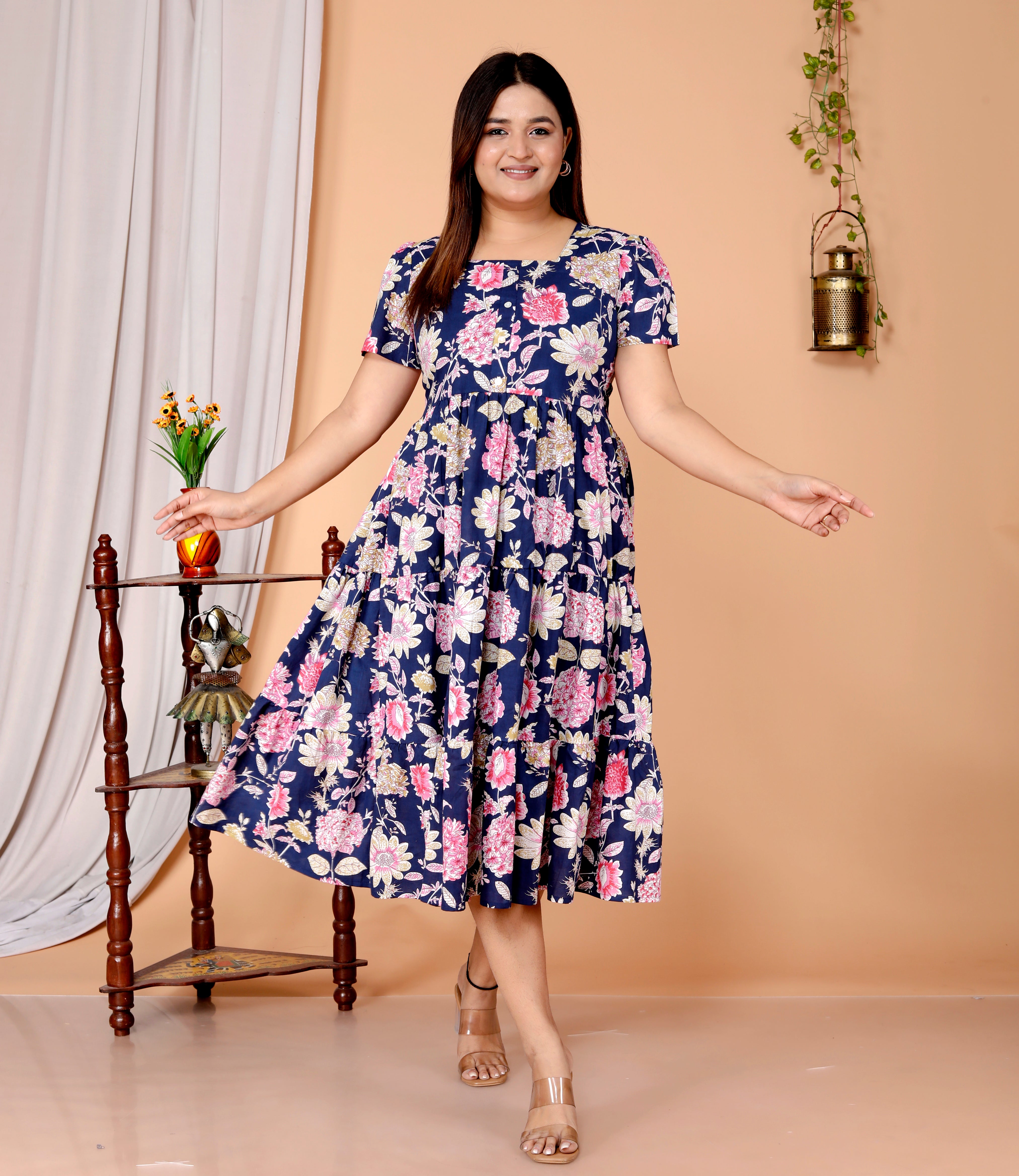 Women Blue Floral Cotton Middi Gown