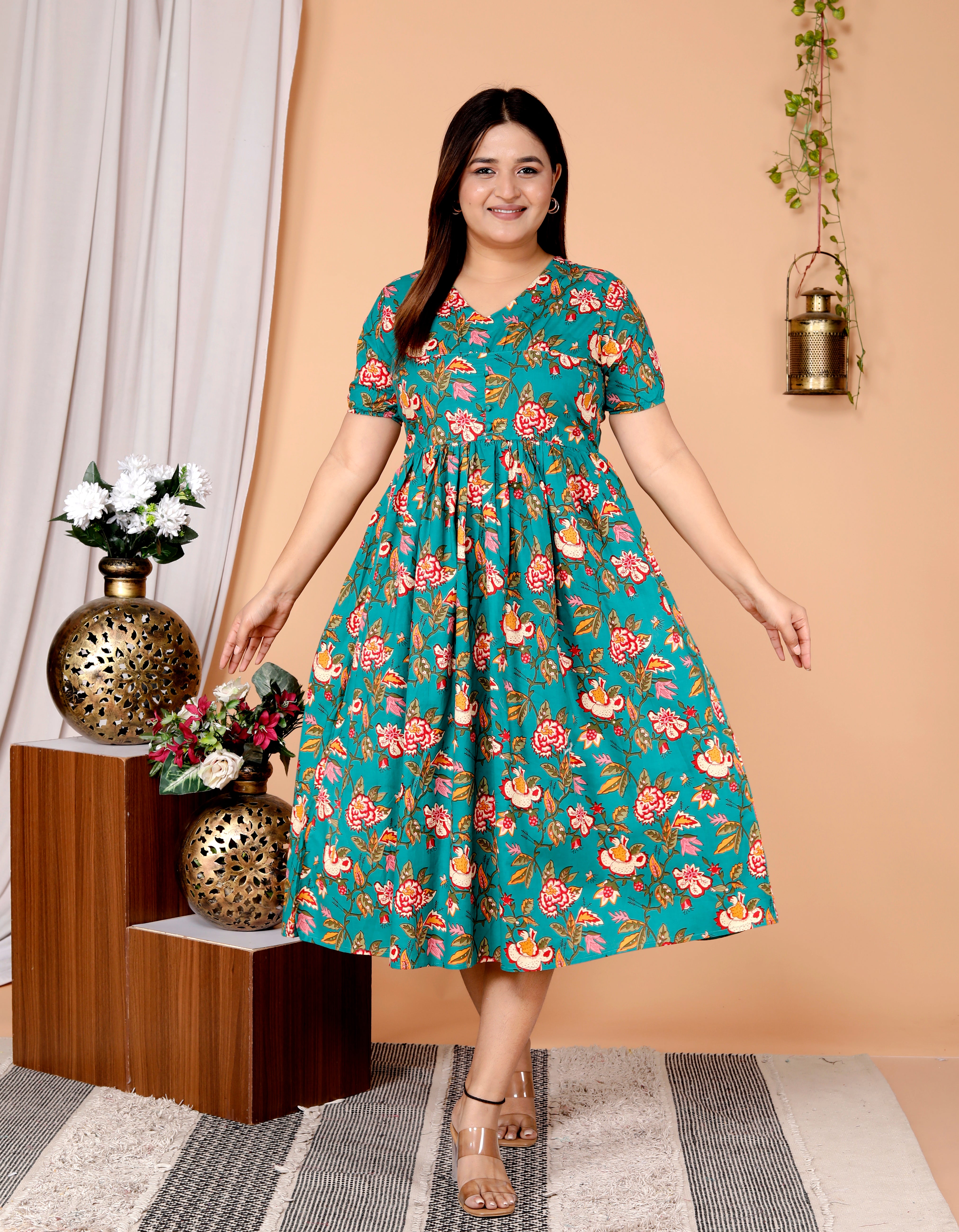 Women Green Floral Cotton Middi Gown