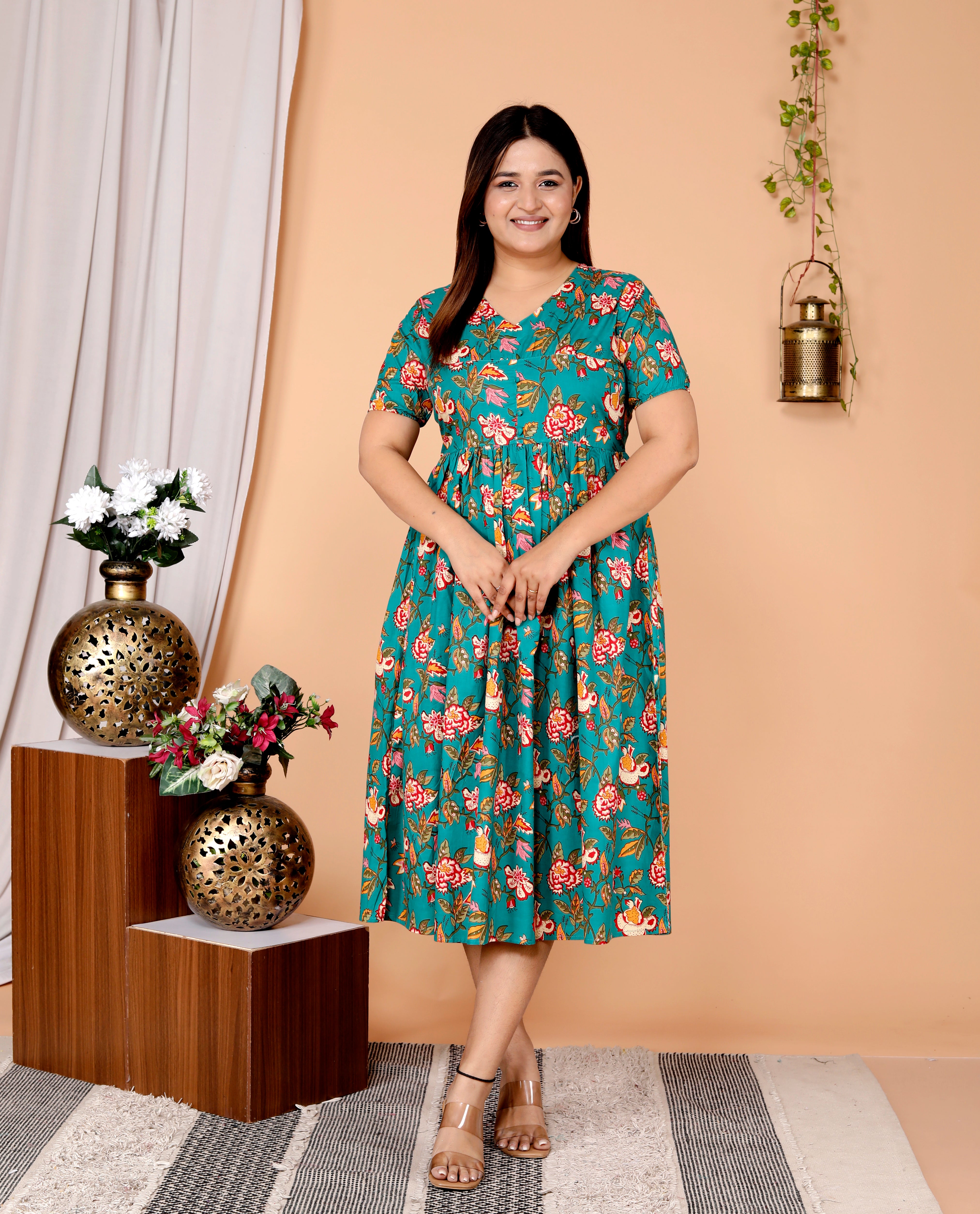 Women Green Floral Cotton Middi Gown