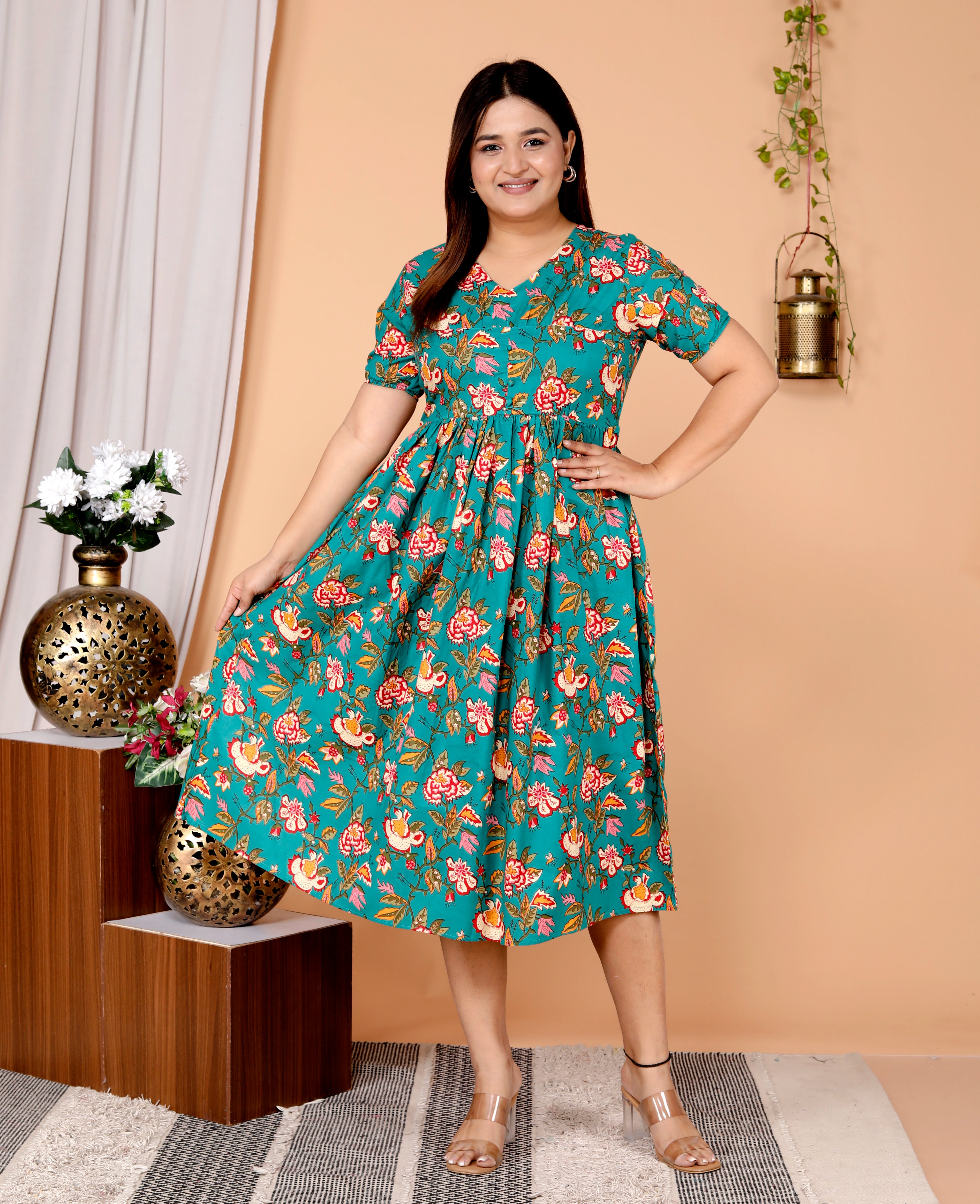 Women Green Floral Cotton Middi Gown