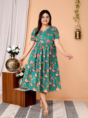 Women Green Floral Cotton Middi Gown