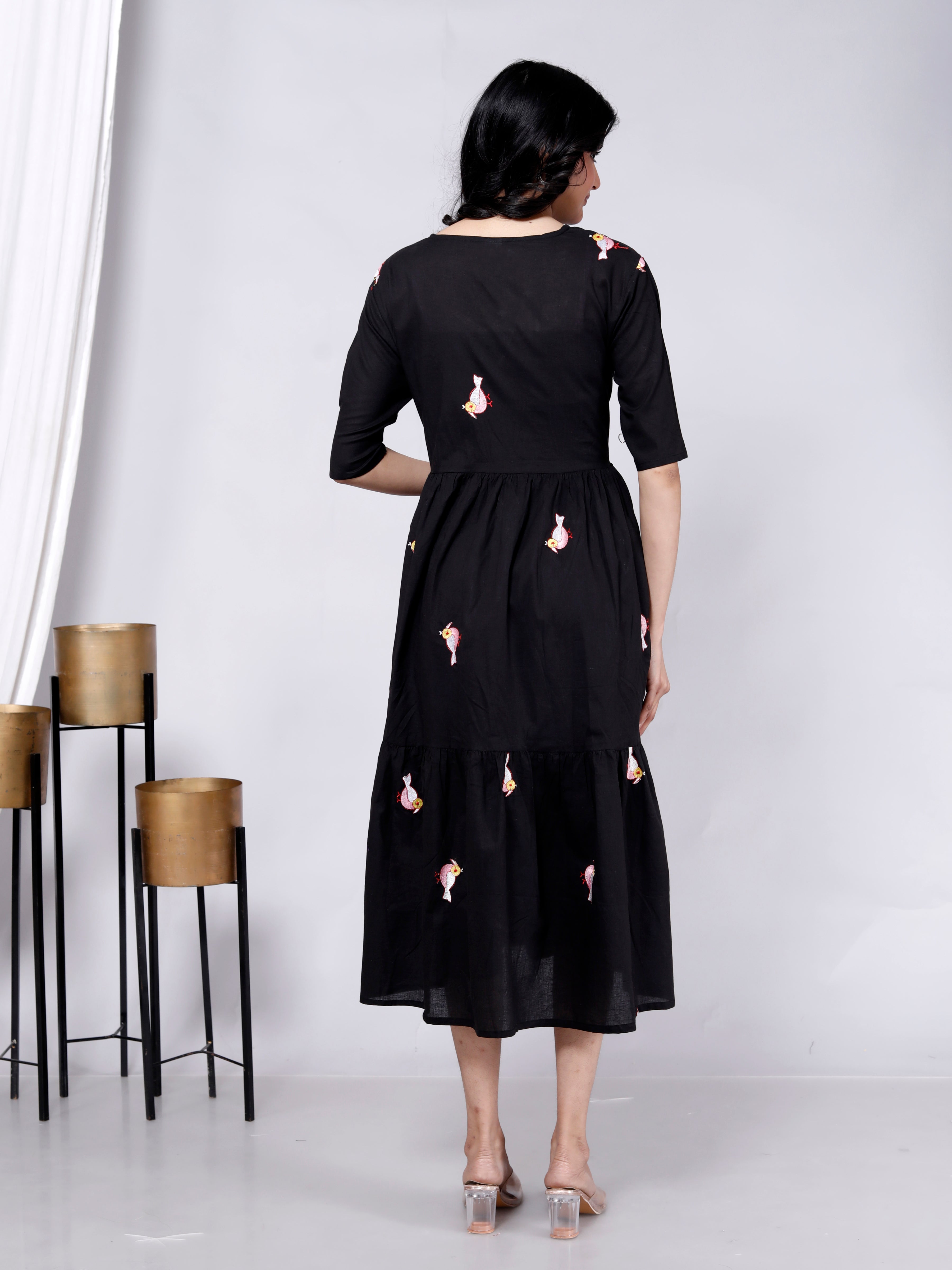 Women Cotton Bird Embroidery Black Middy Gown