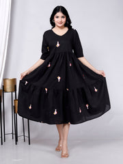 Women Cotton Bird Embroidery Black Middy Gown