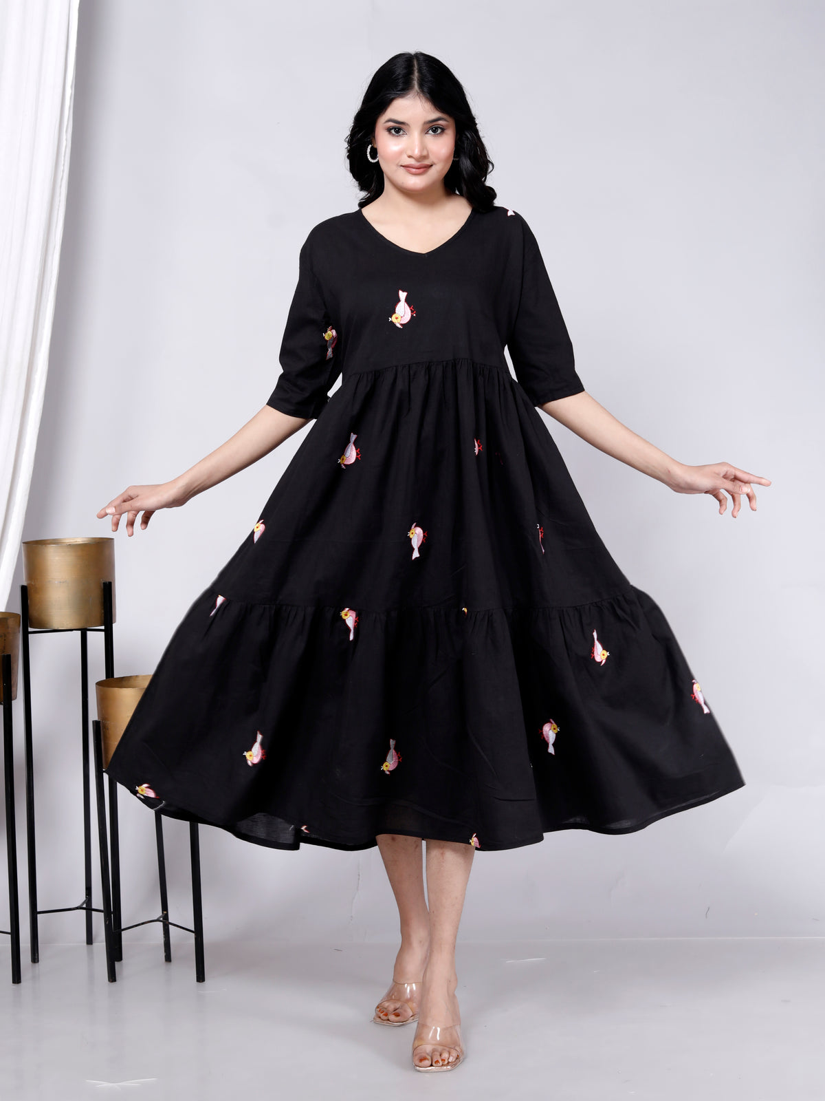 Women Cotton Bird Embroidery Black Middy Gown