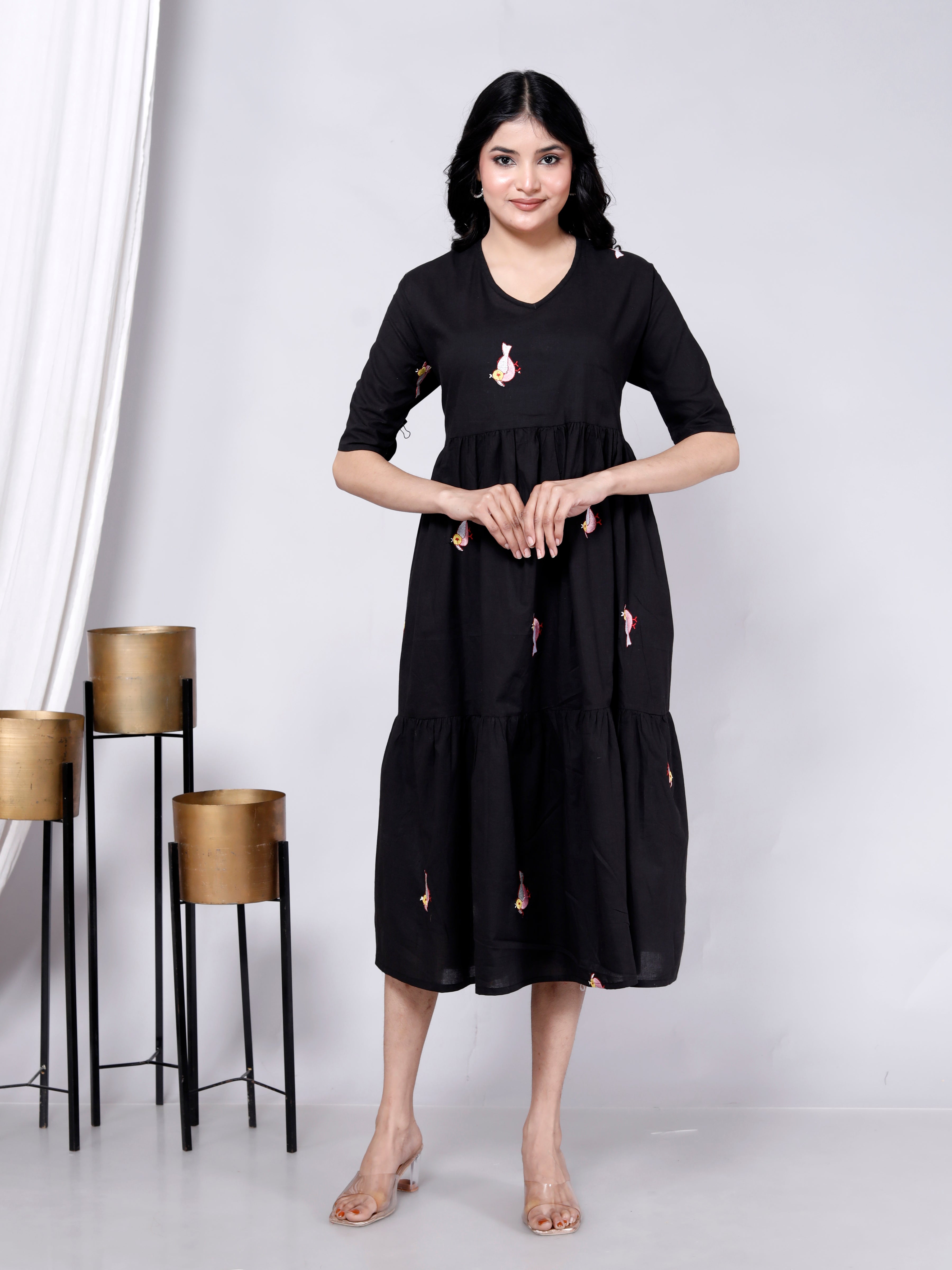 Women Cotton Bird Embroidery Black Middy Gown