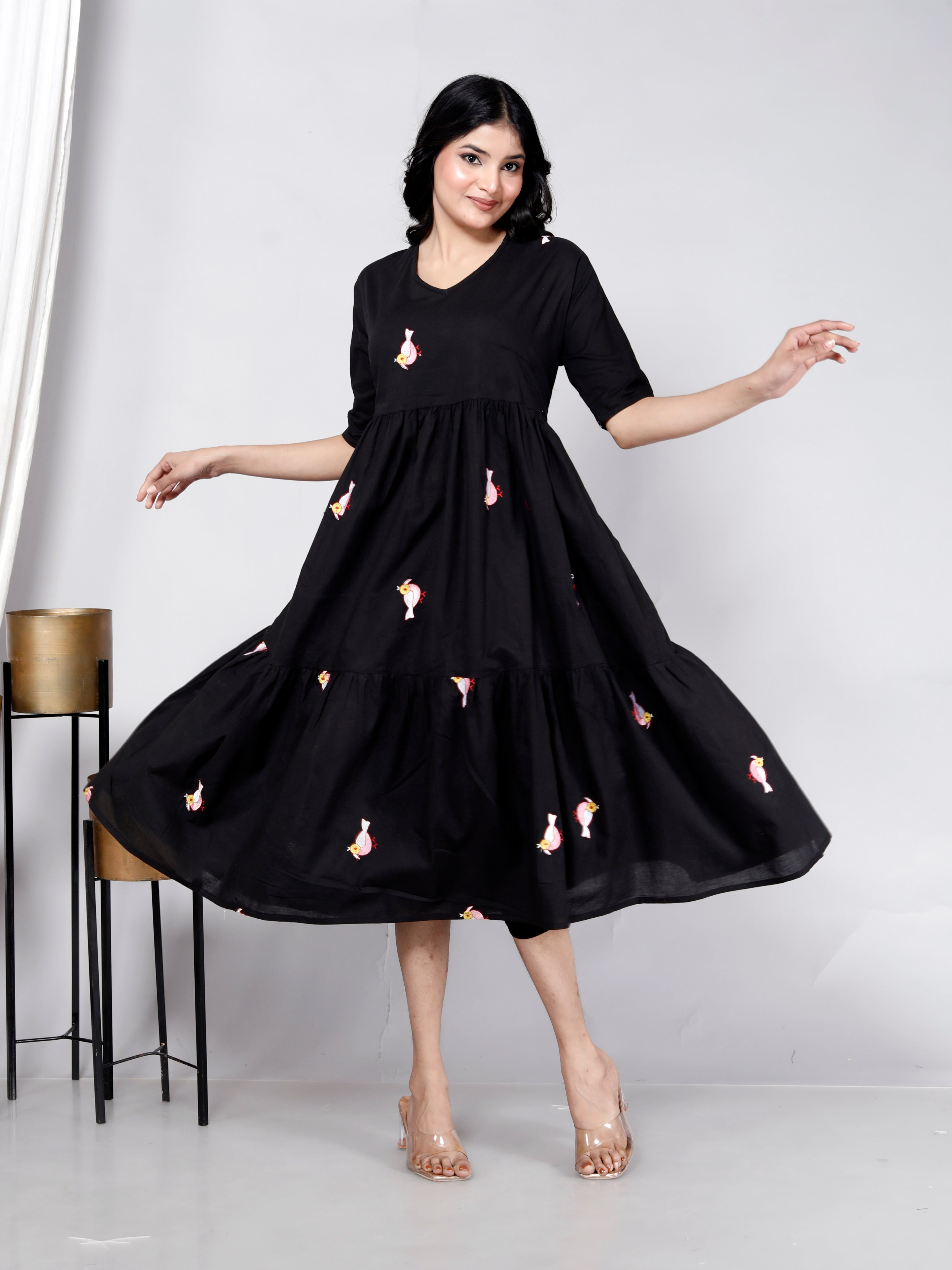 Women Cotton Bird Embroidery Black Middy Gown