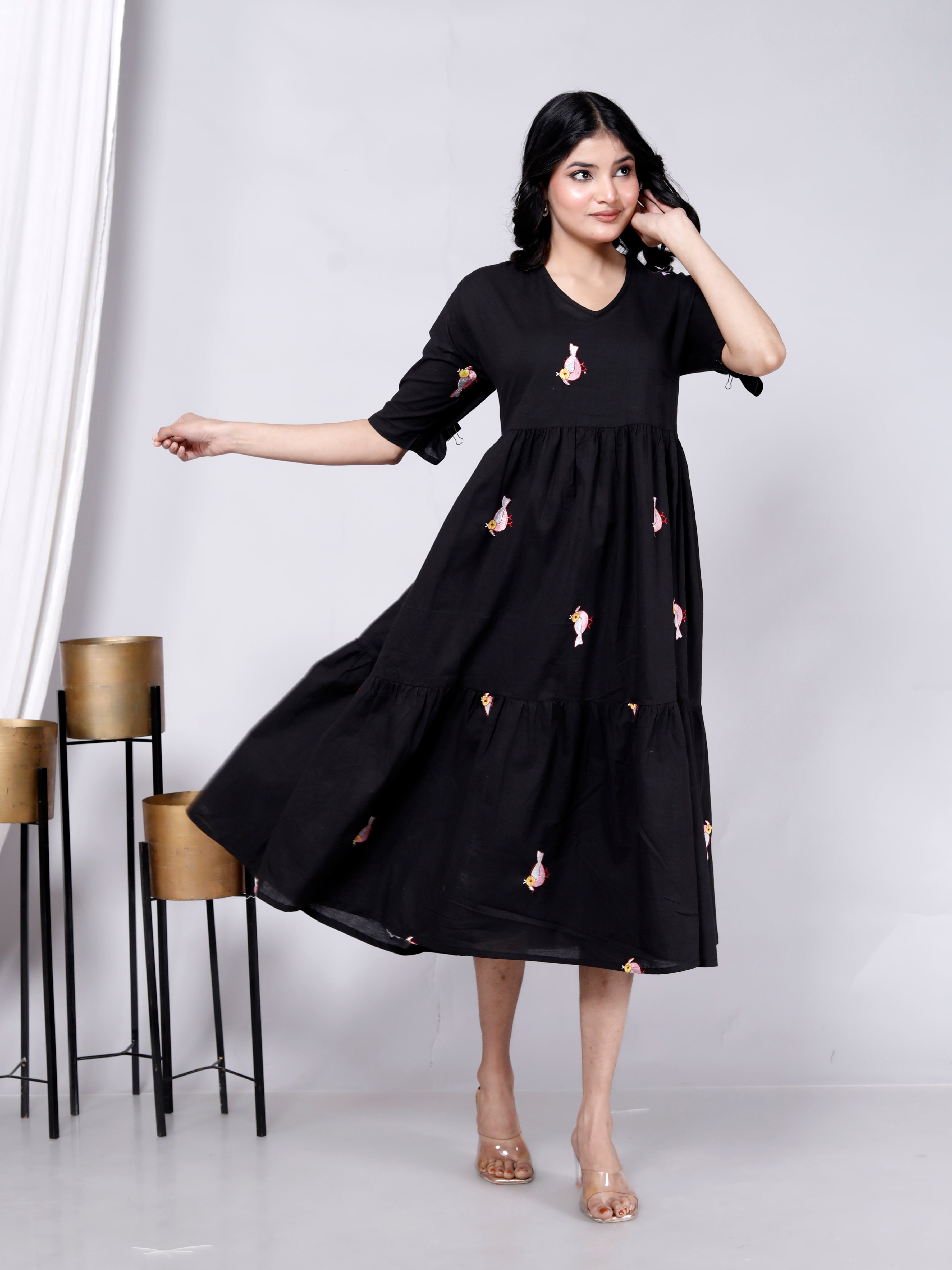 Women Cotton Bird Embroidery Black Middy Gown