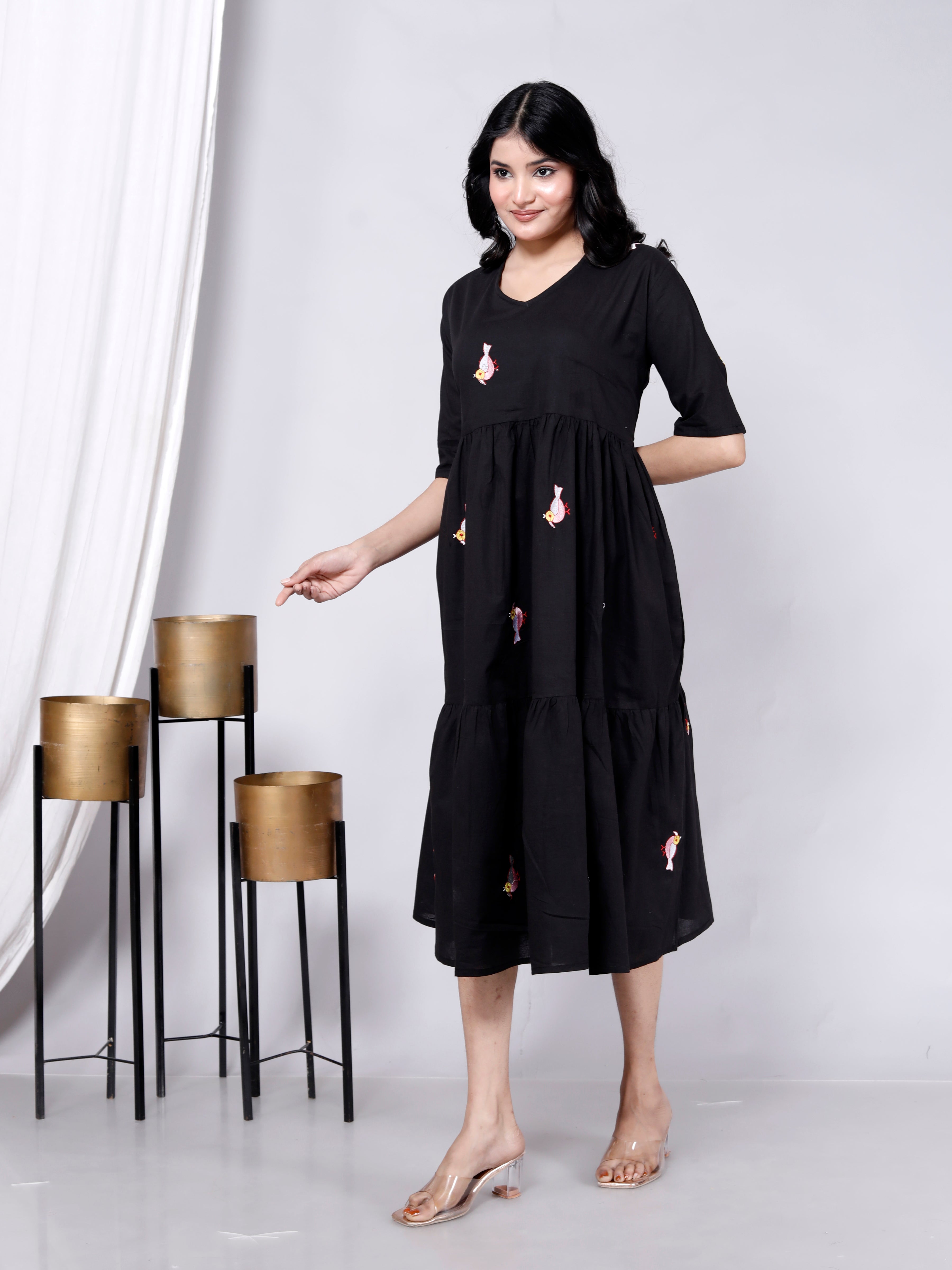 Women Cotton Bird Embroidery Black Middy Gown