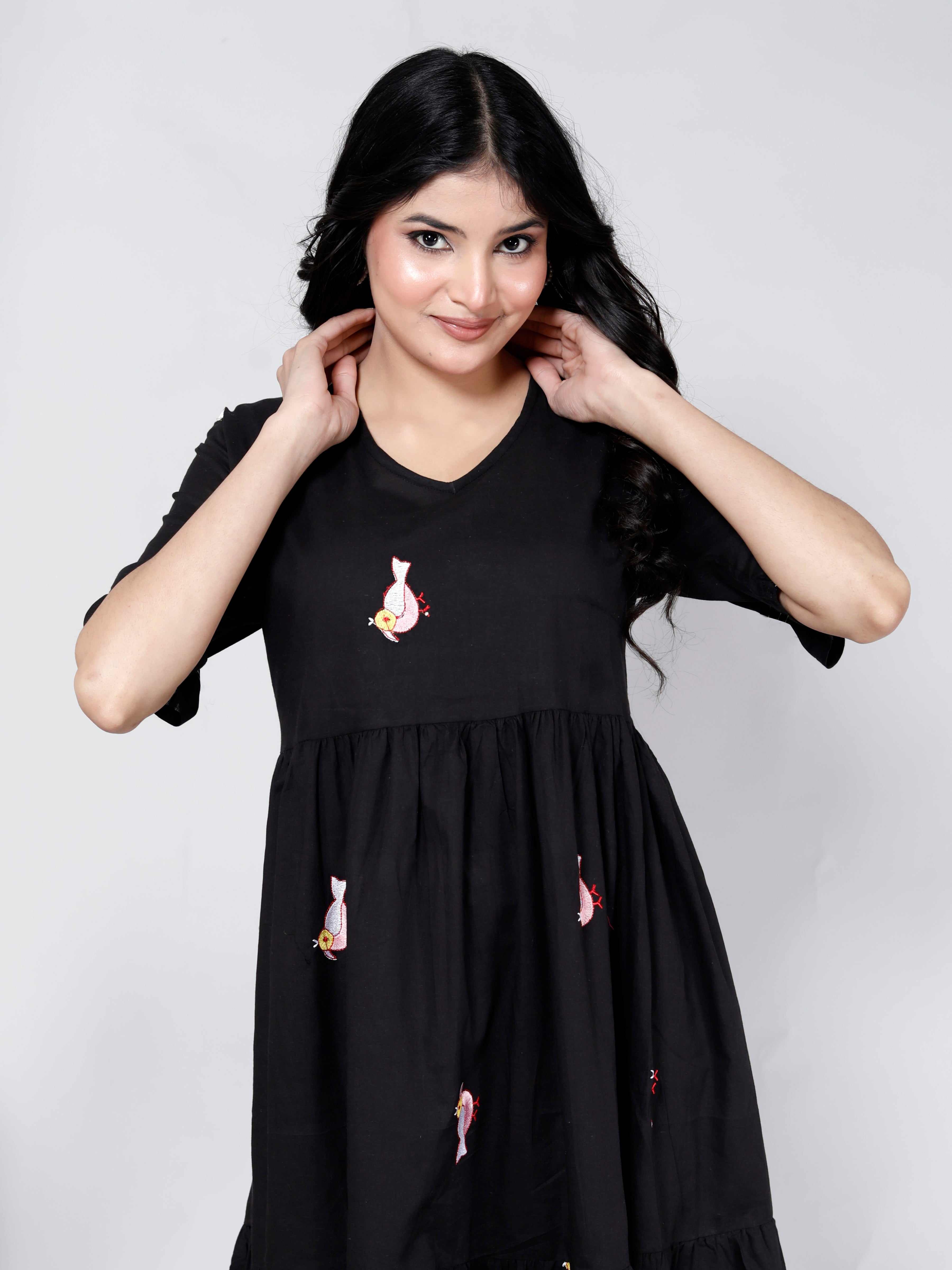 Women Cotton Bird Embroidery Black Middy Gown