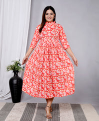 Women Orange Floral Cotton Middi Gown