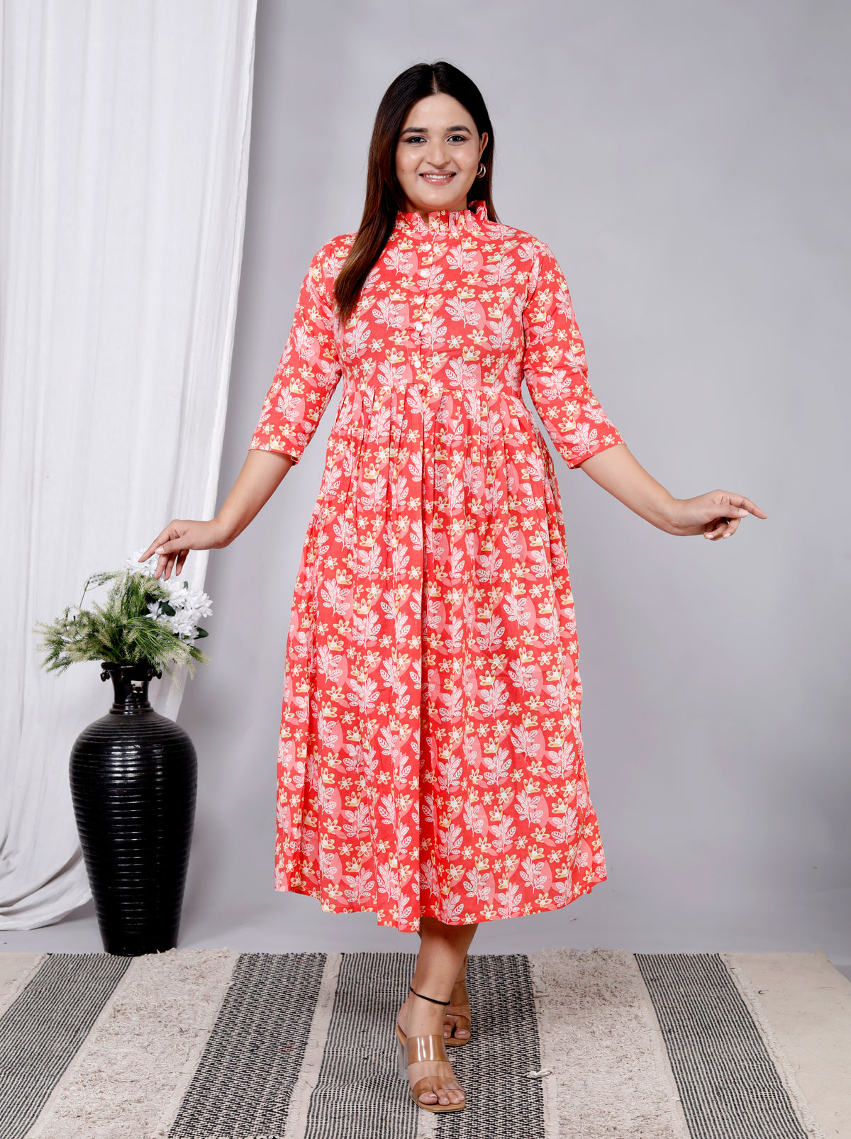 Women Orange Floral Cotton Middi Gown