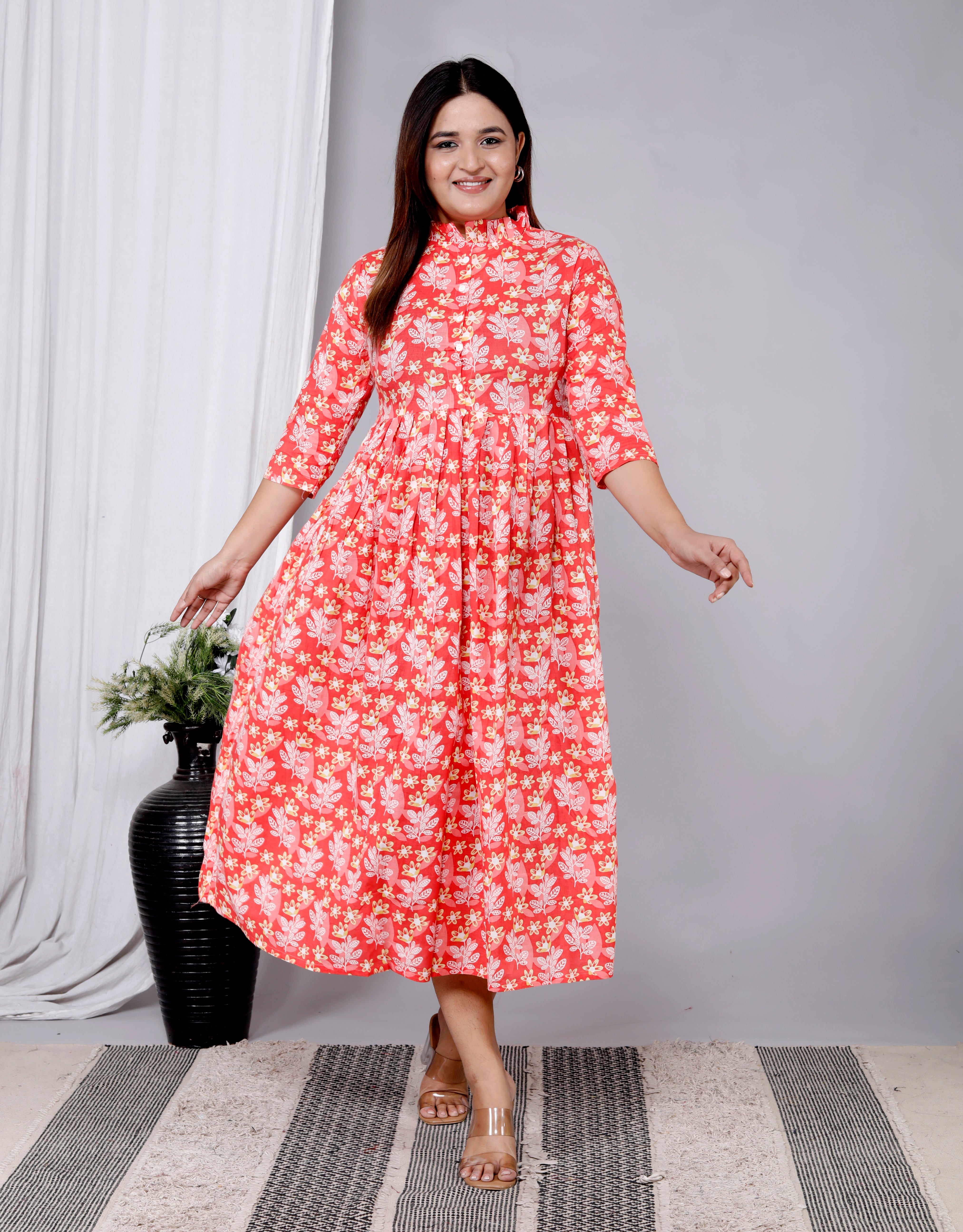 Women Orange Floral Cotton Middi Gown