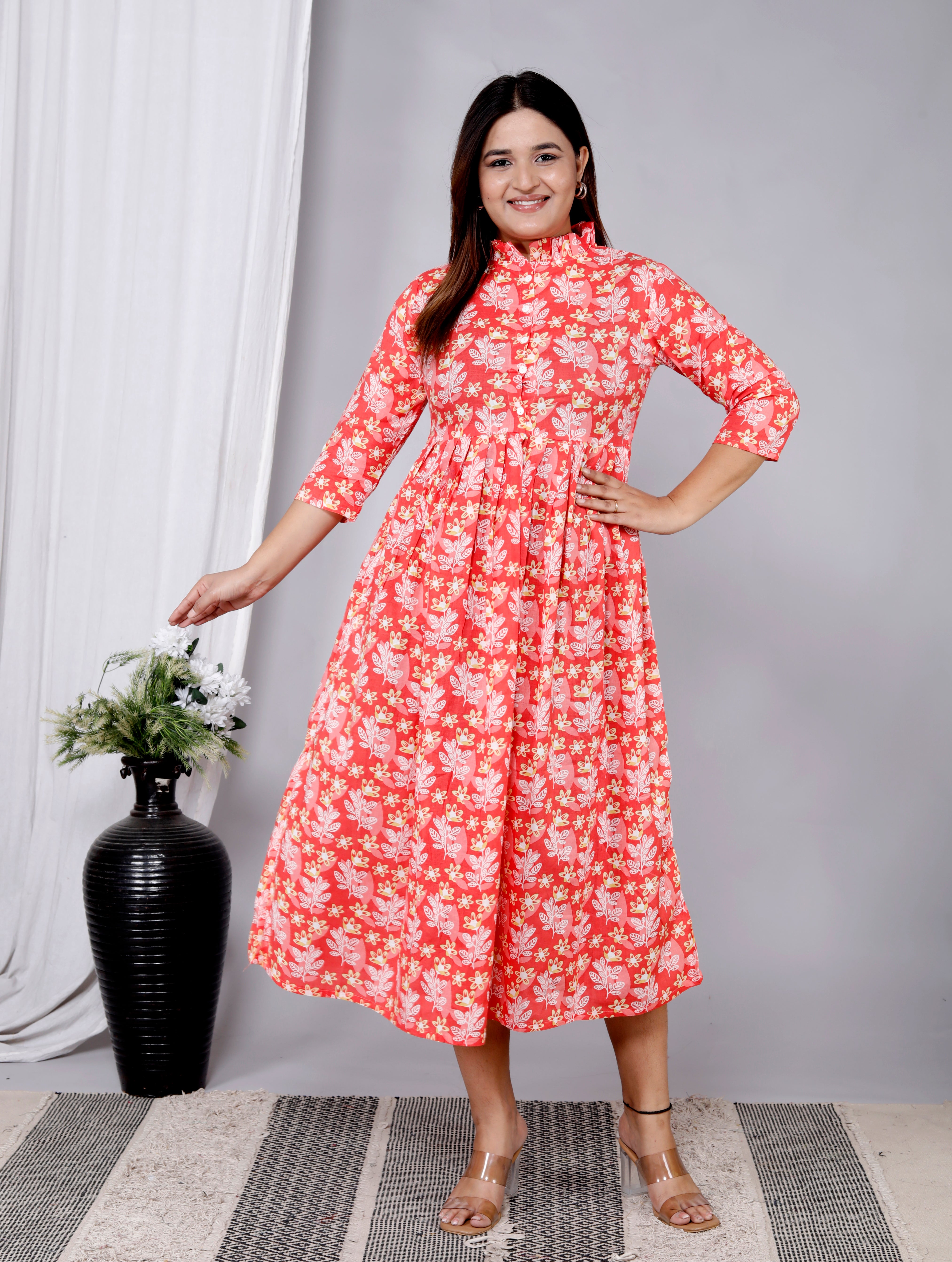 Women Orange Floral Cotton Middi Gown