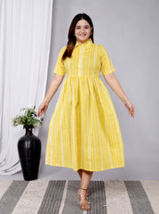 Women Yellow Strips Cotton Middi Gown