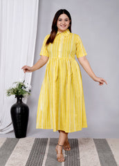 Women Yellow Strips Cotton Middi Gown