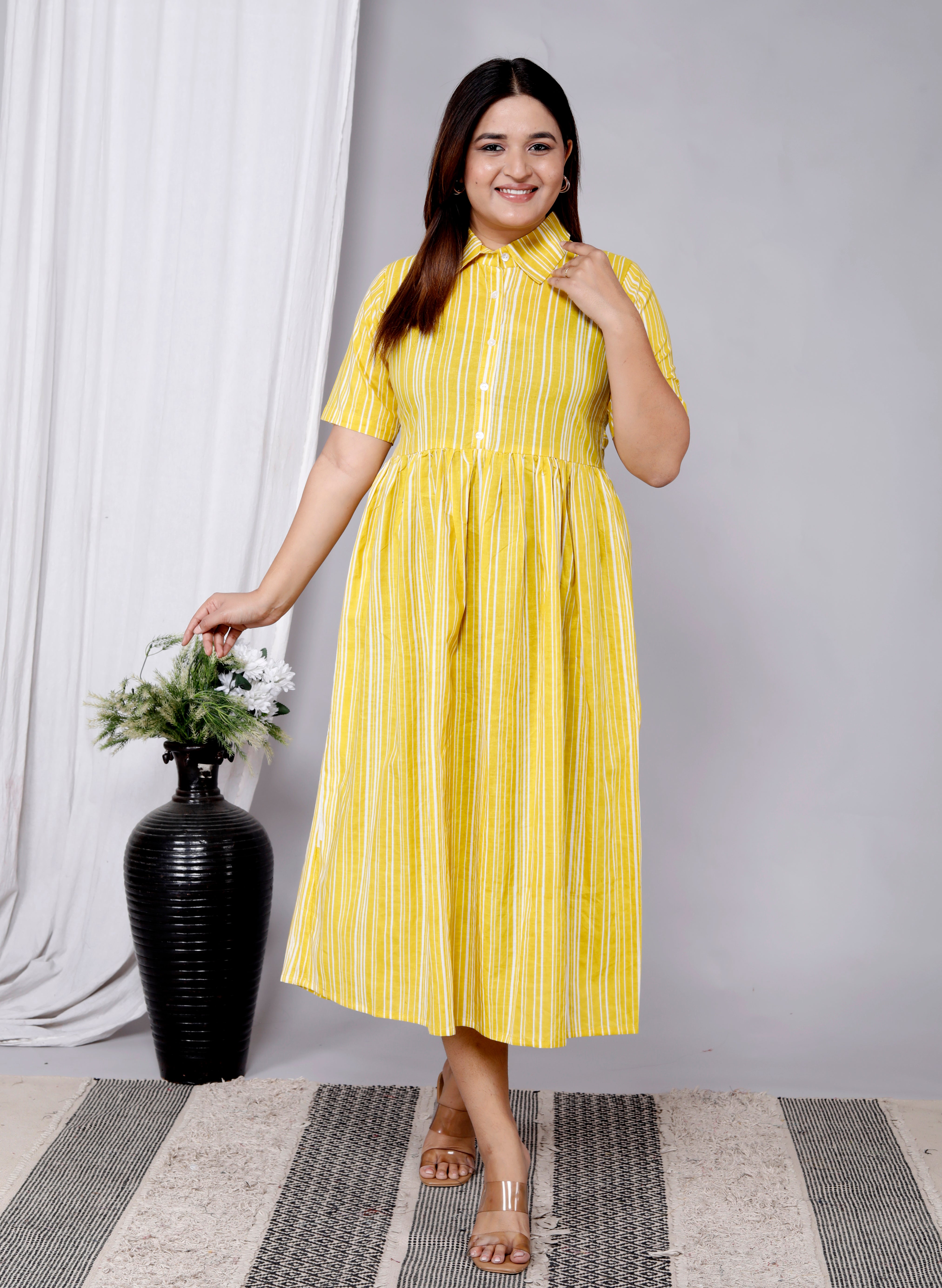 Women Yellow Strips Cotton Middi Gown