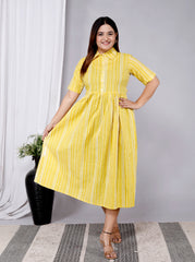 Women Yellow Strips Cotton Middi Gown