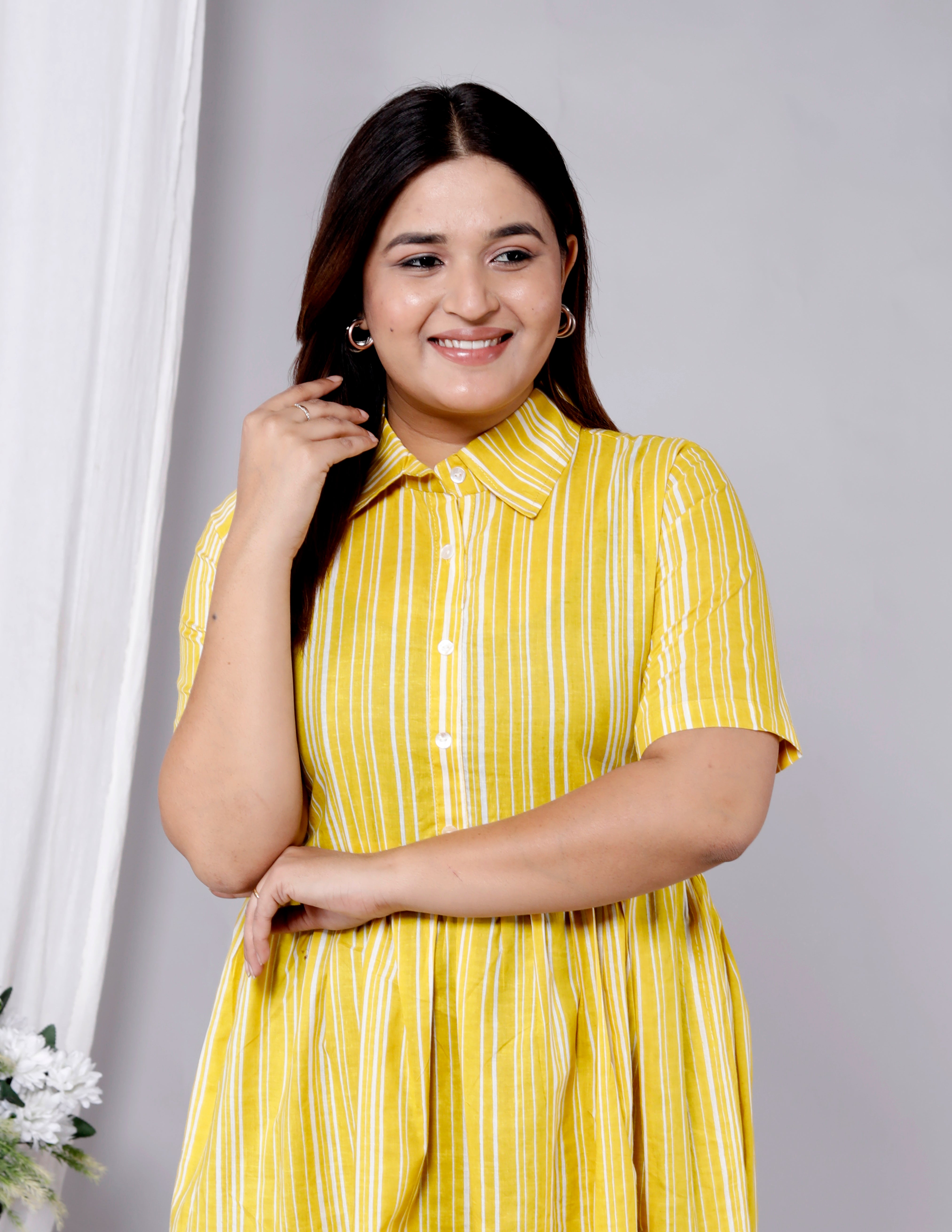 Women Yellow Strips Cotton Middi Gown