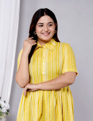 Women Yellow Strips Cotton Middi Gown