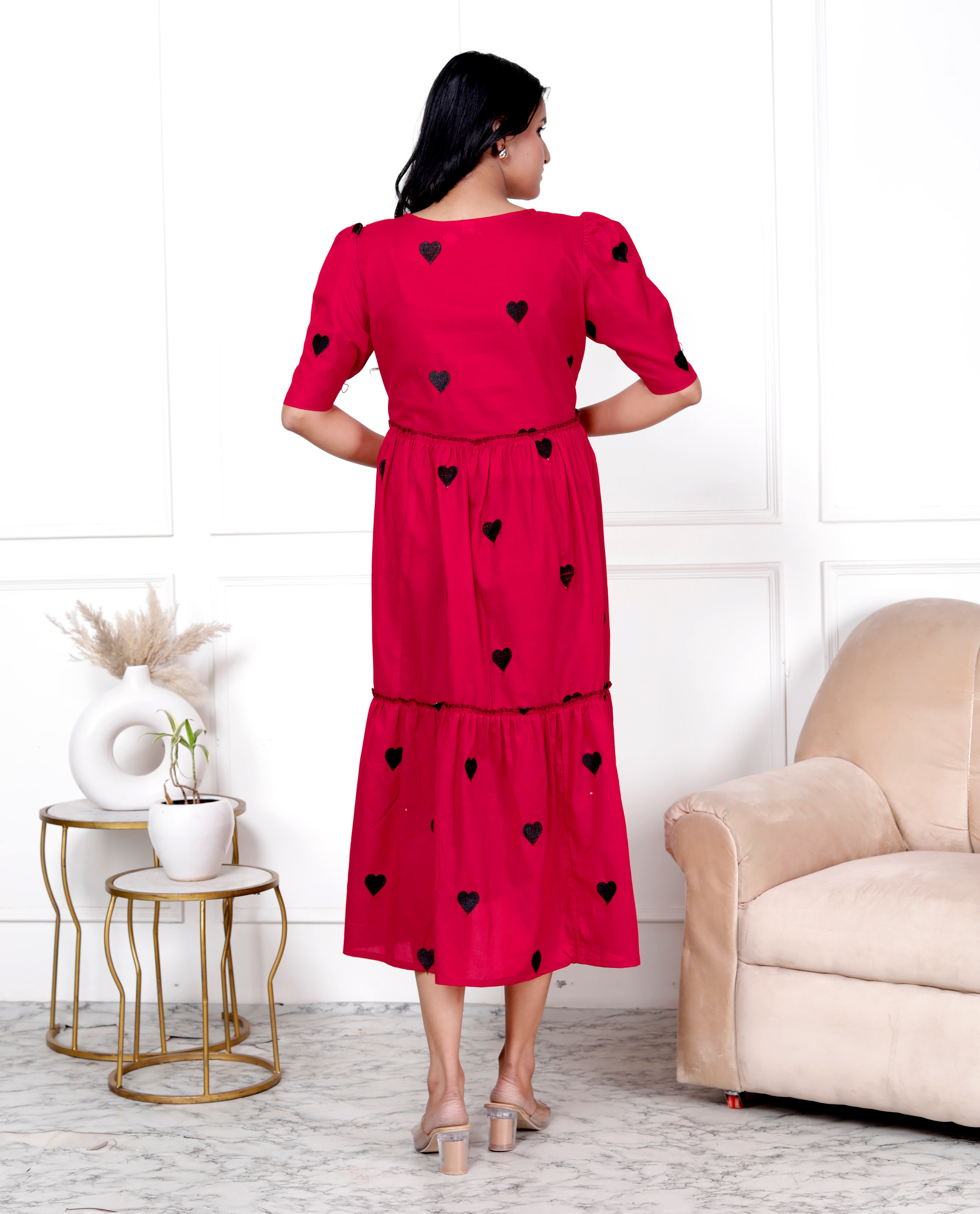 Women Embroidery Heart Red Middi Gown