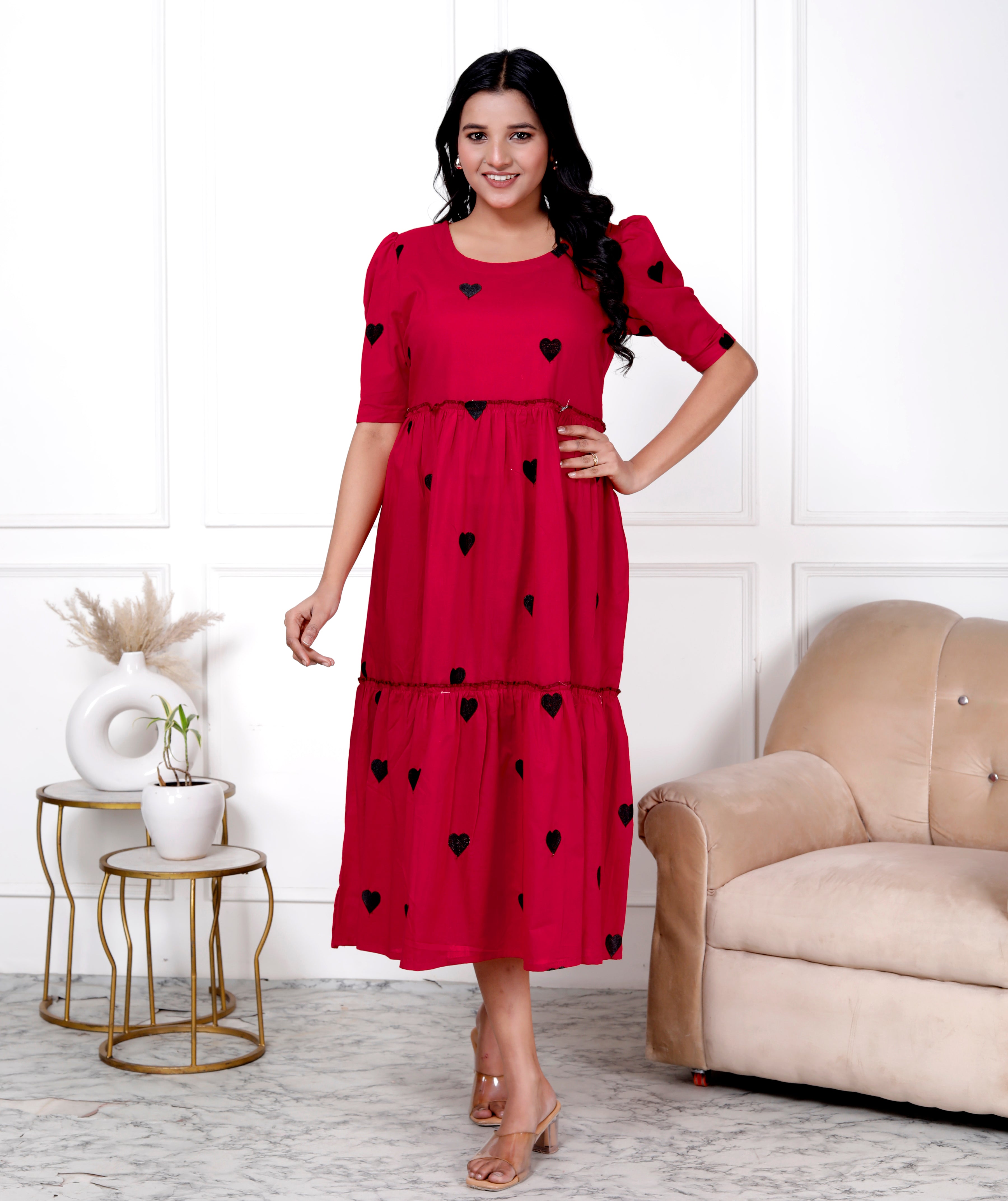 Women Embroidery Heart Red Middi Gown