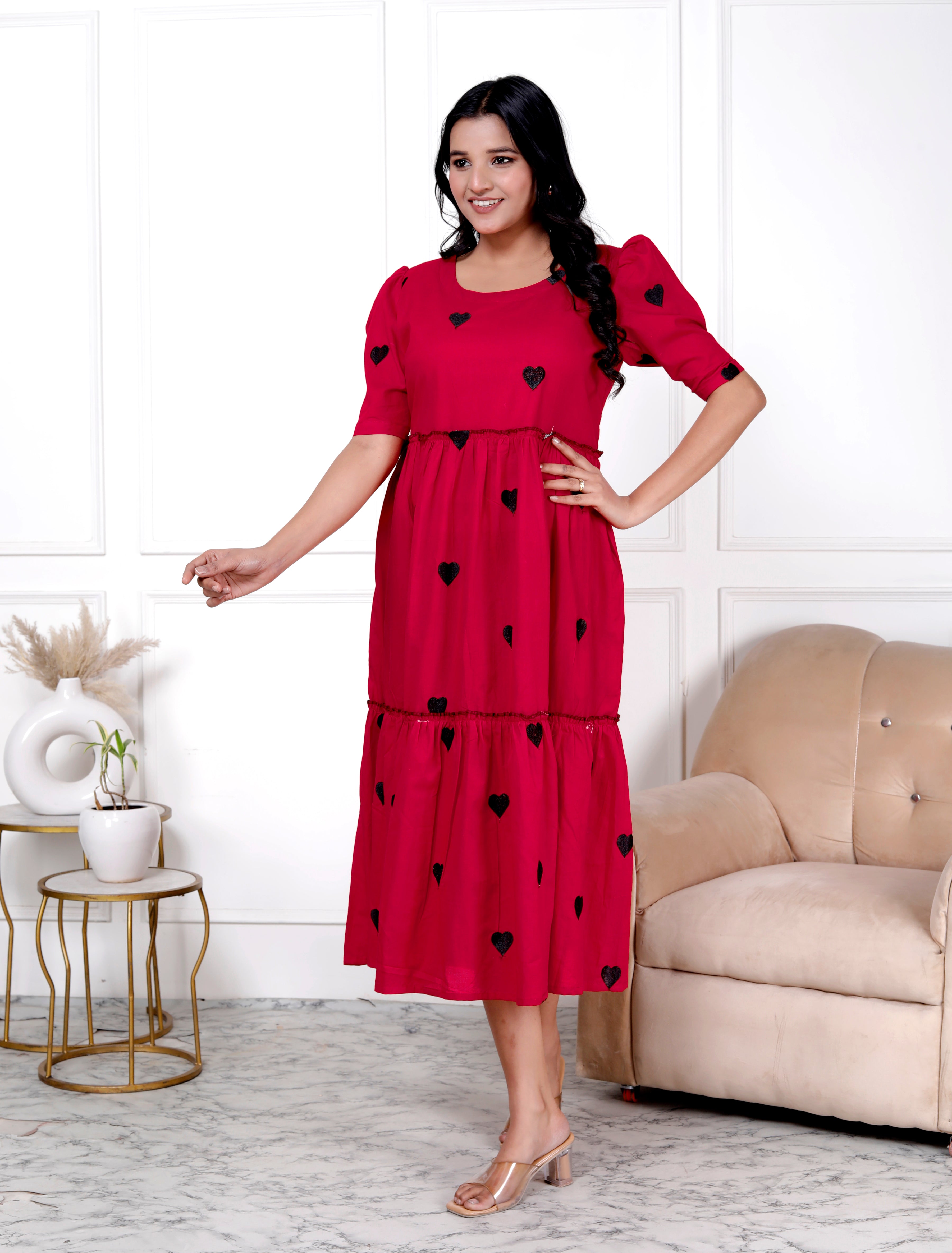 Women Embroidery Heart Red Middi Gown