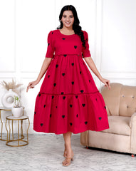 Women Embroidery Heart Red Middi Gown