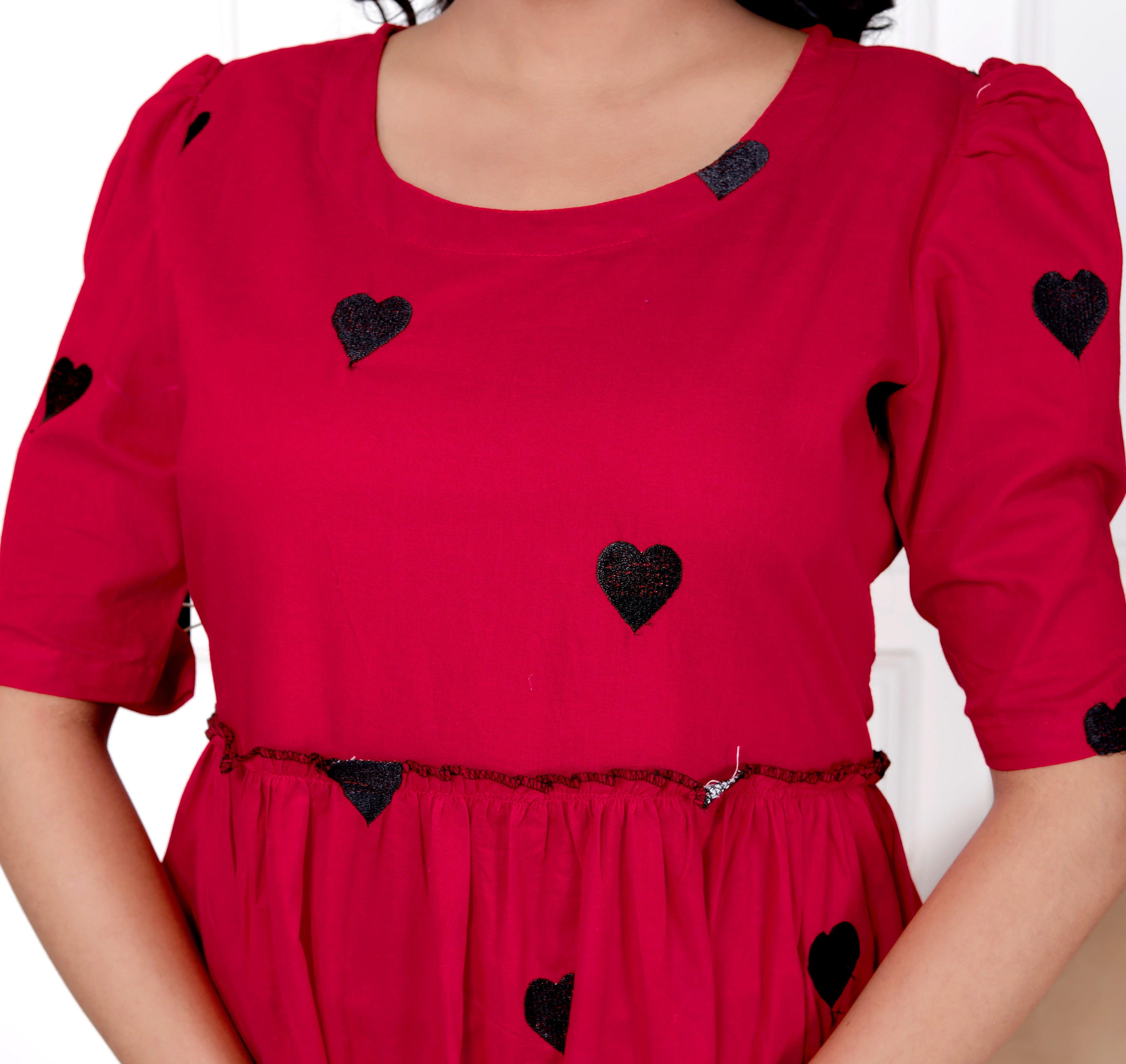 Women Embroidery Heart Red Middi Gown