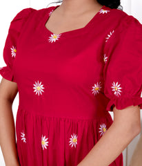 Women Red Cotton Embroidery Flowers Middi Gown