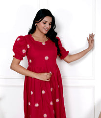 Women Red Cotton Embroidery Flowers Middi Gown