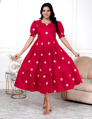 Women Red Cotton Embroidery Flowers Middi Gown