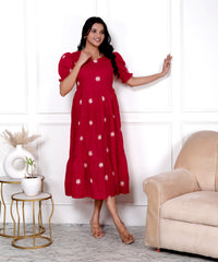 Women Red Cotton Embroidery Flowers Middi Gown