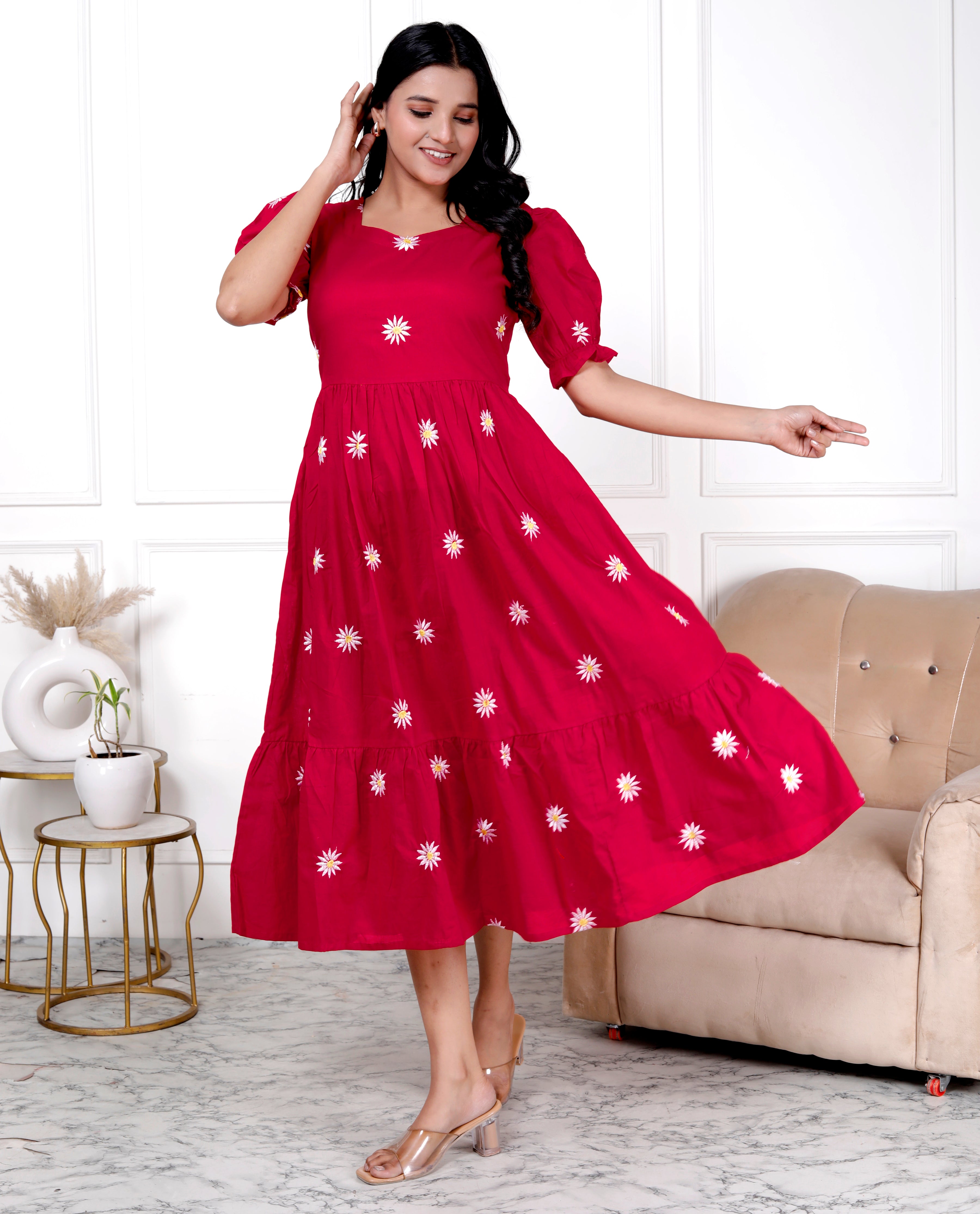 Women Red Cotton Embroidery Flowers Middi Gown