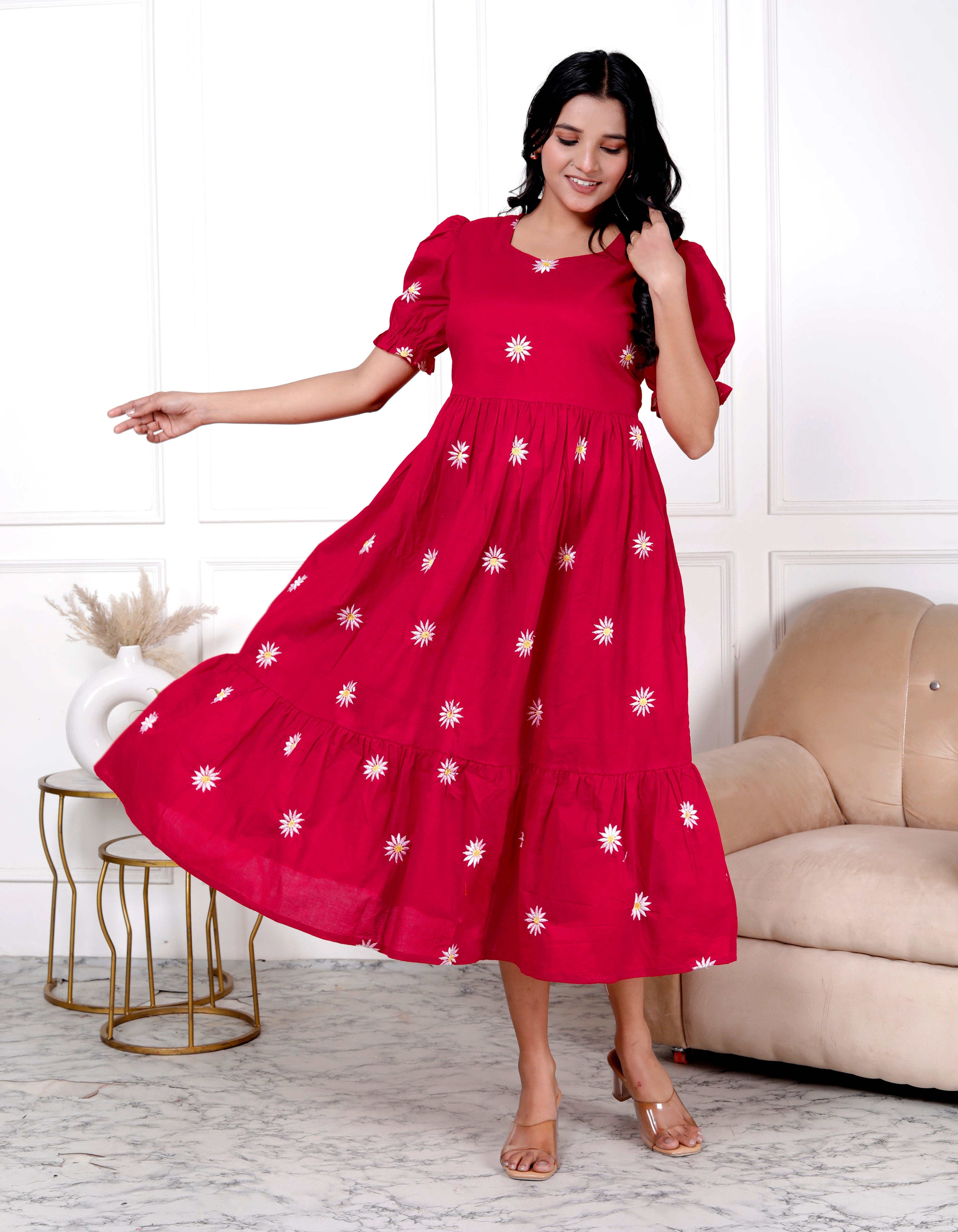 Women Red Cotton Embroidery Flowers Middi Gown