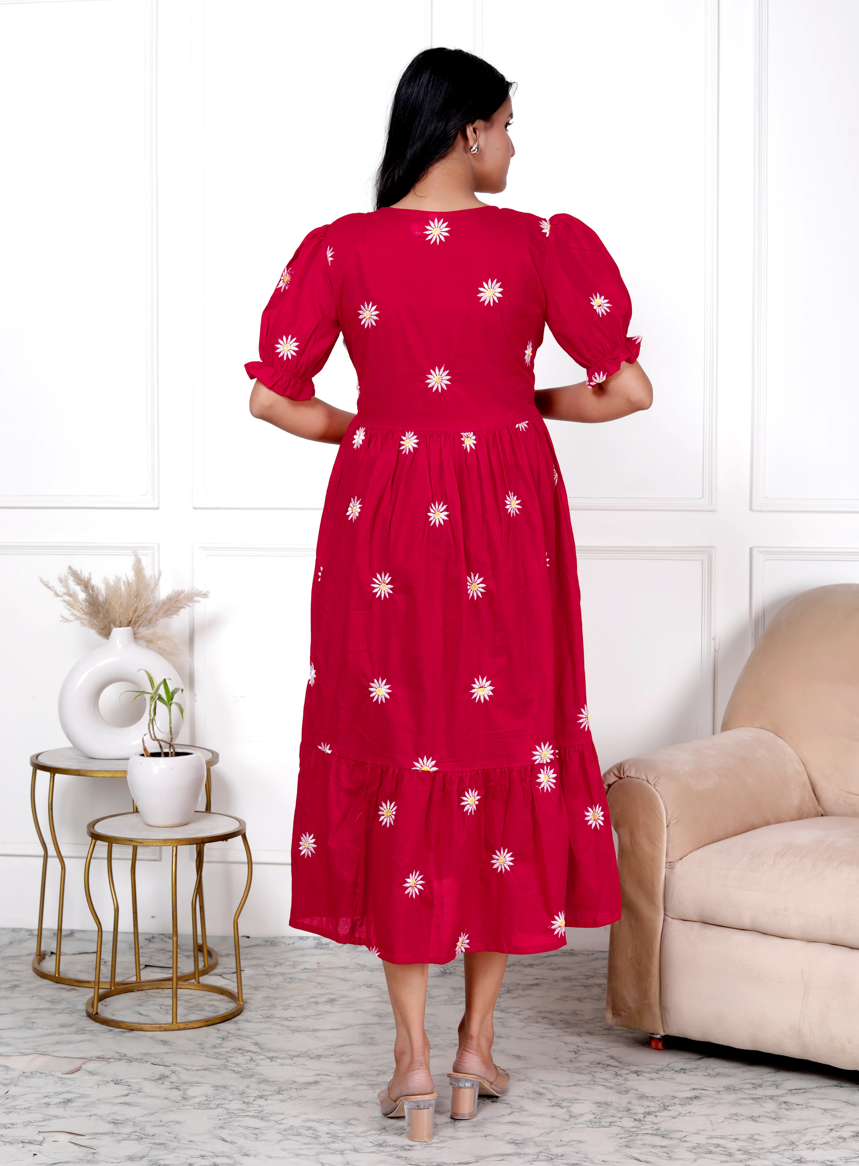 Women Red Cotton Embroidery Flowers Middi Gown