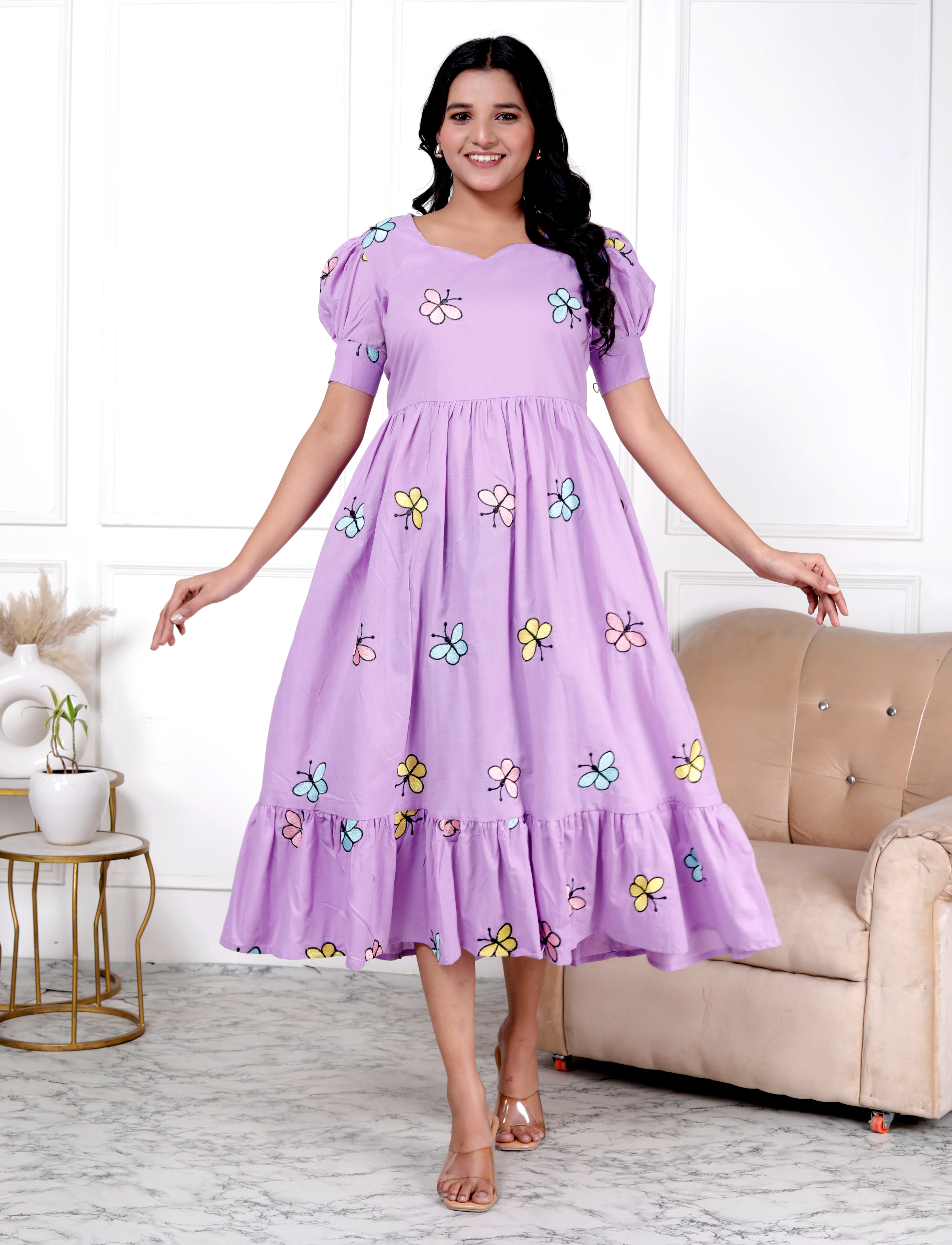 Women Cotton Lavender Butterfly Embroidery Middi Gown