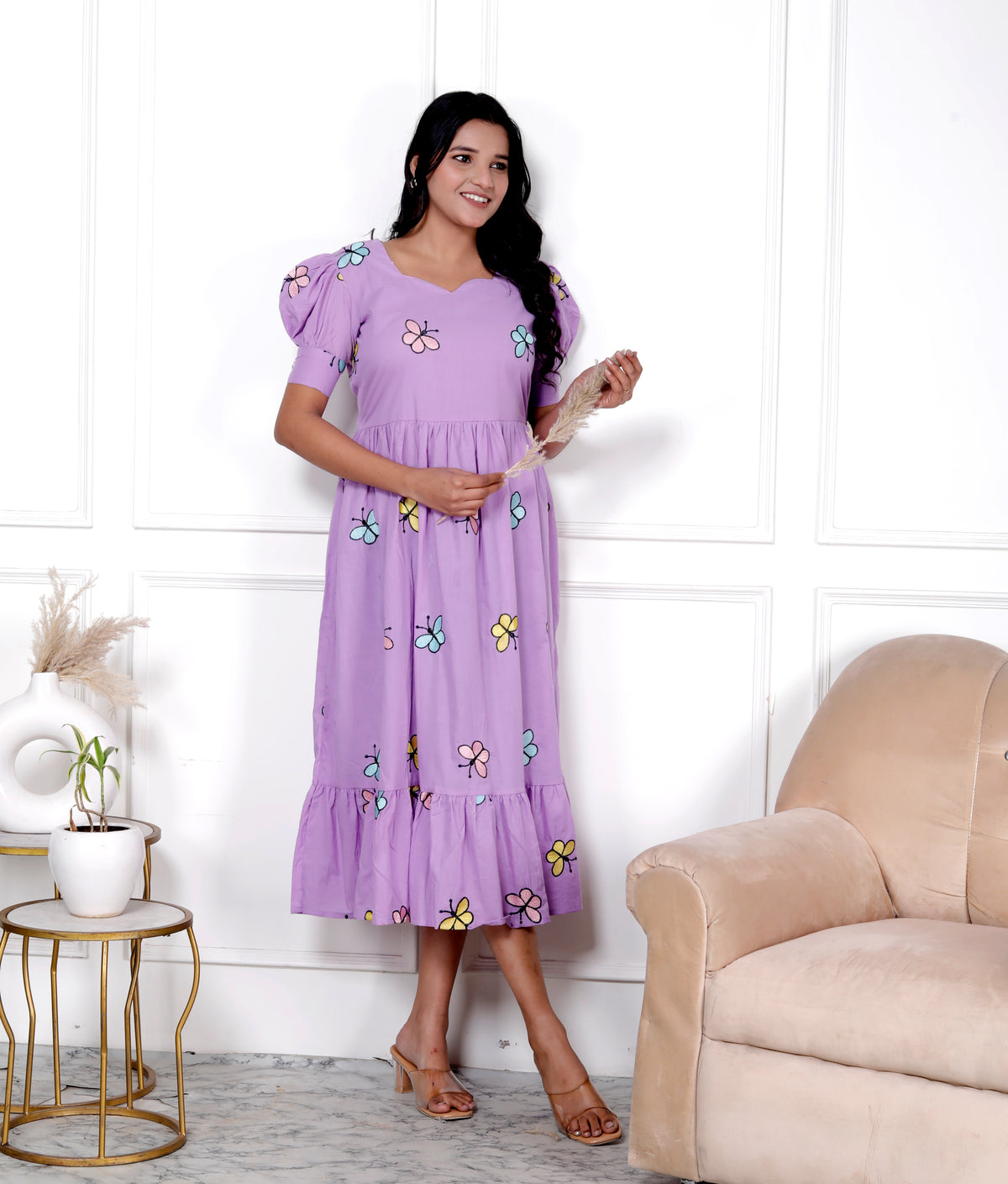 Women Cotton Lavender Butterfly Embroidery Middi Gown