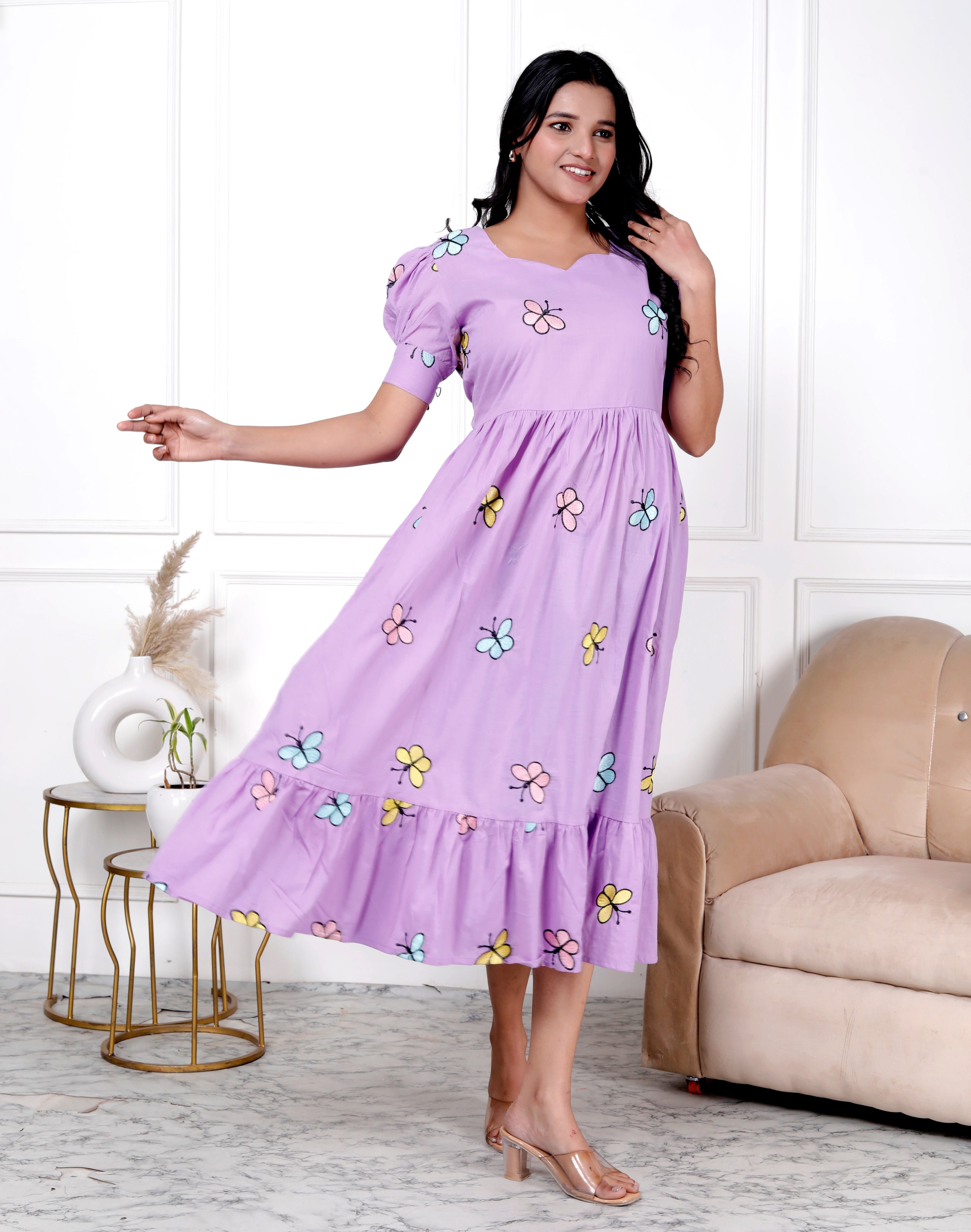 Women Cotton Lavender Butterfly Embroidery Middi Gown