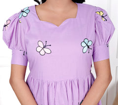 Women Cotton Lavender Butterfly Embroidery Middi Gown