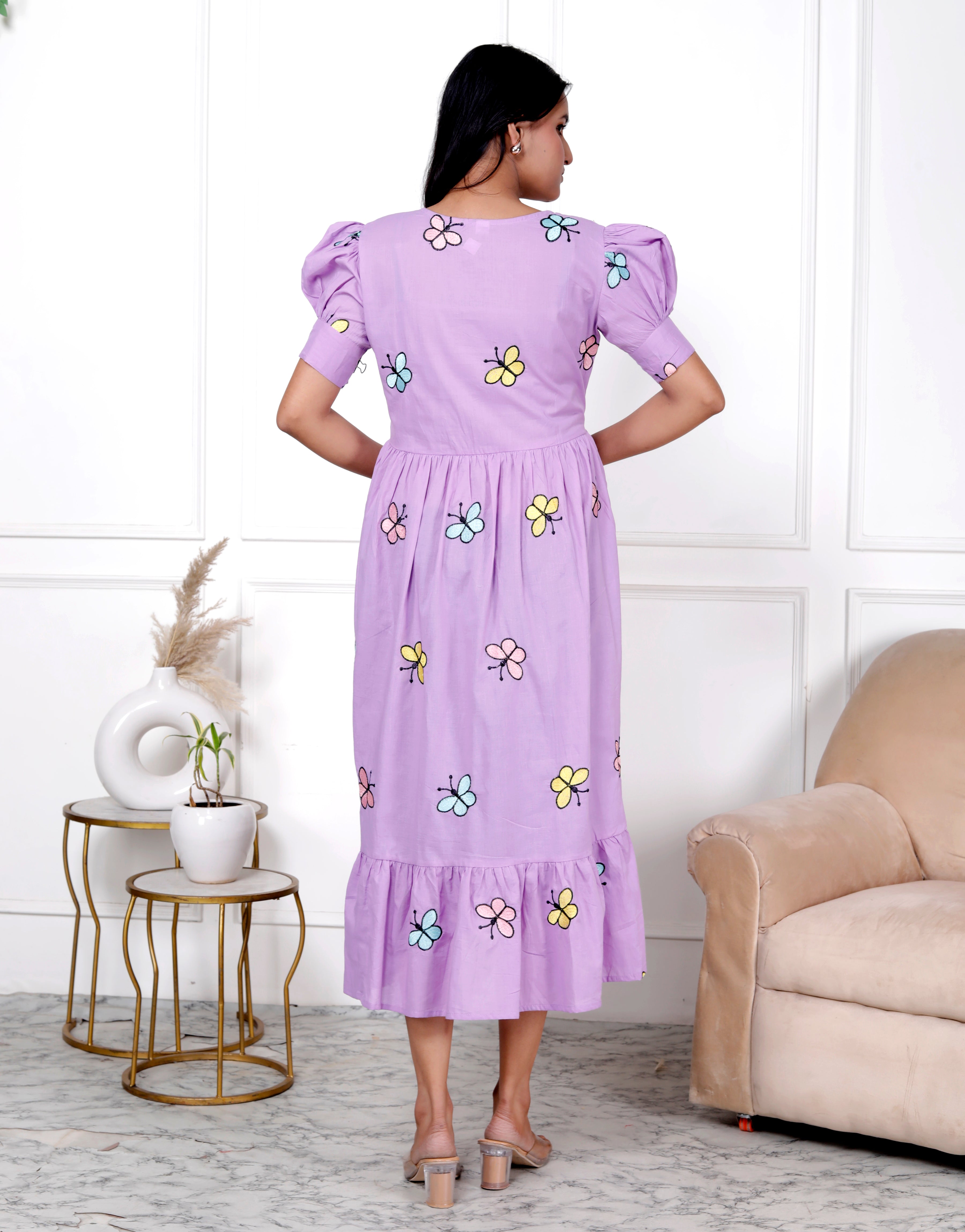 Women Cotton Lavender Butterfly Embroidery Middi Gown