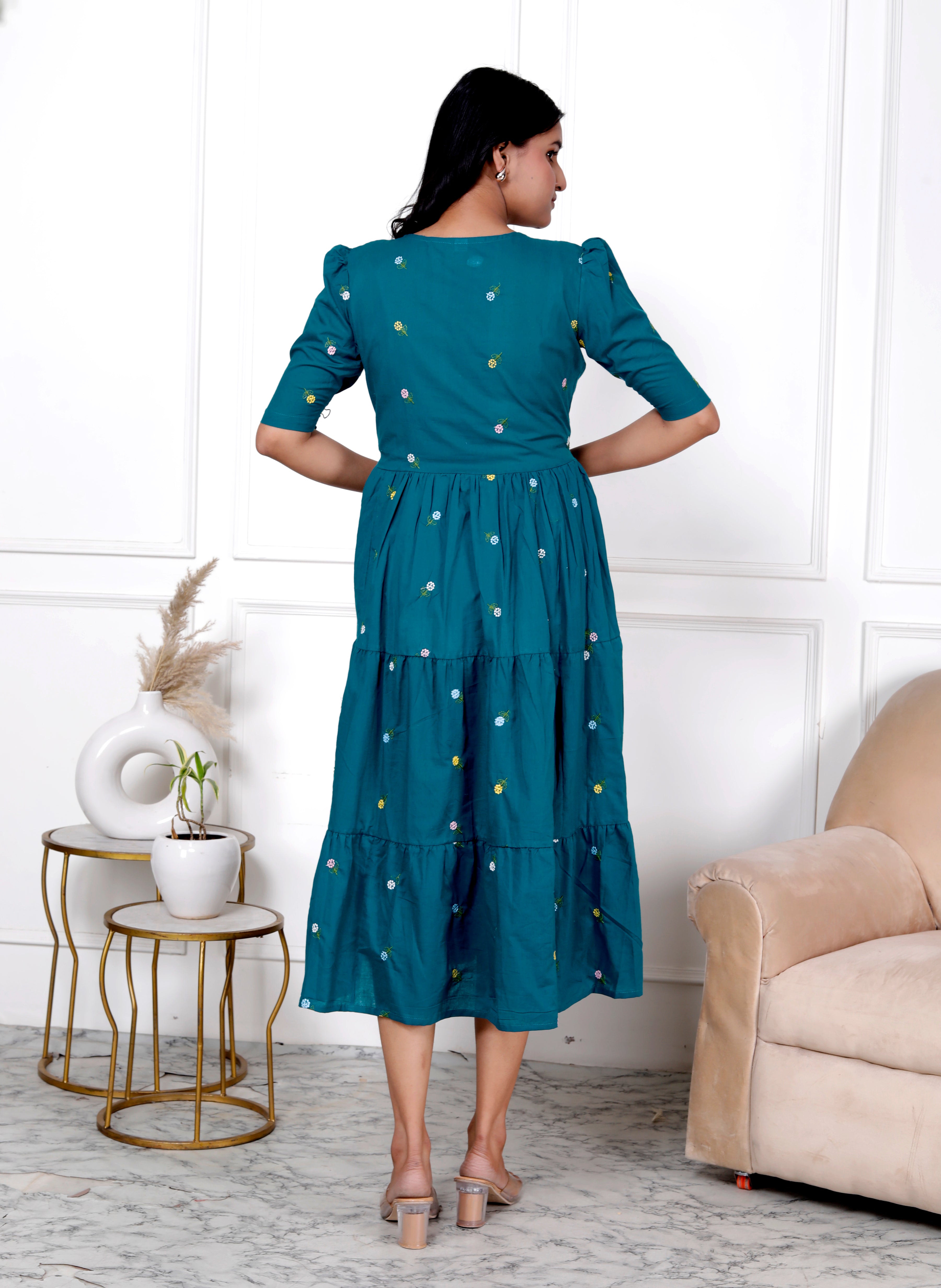 women Cotton Petrol Blue Embroidery Small Flowers Middi Gown