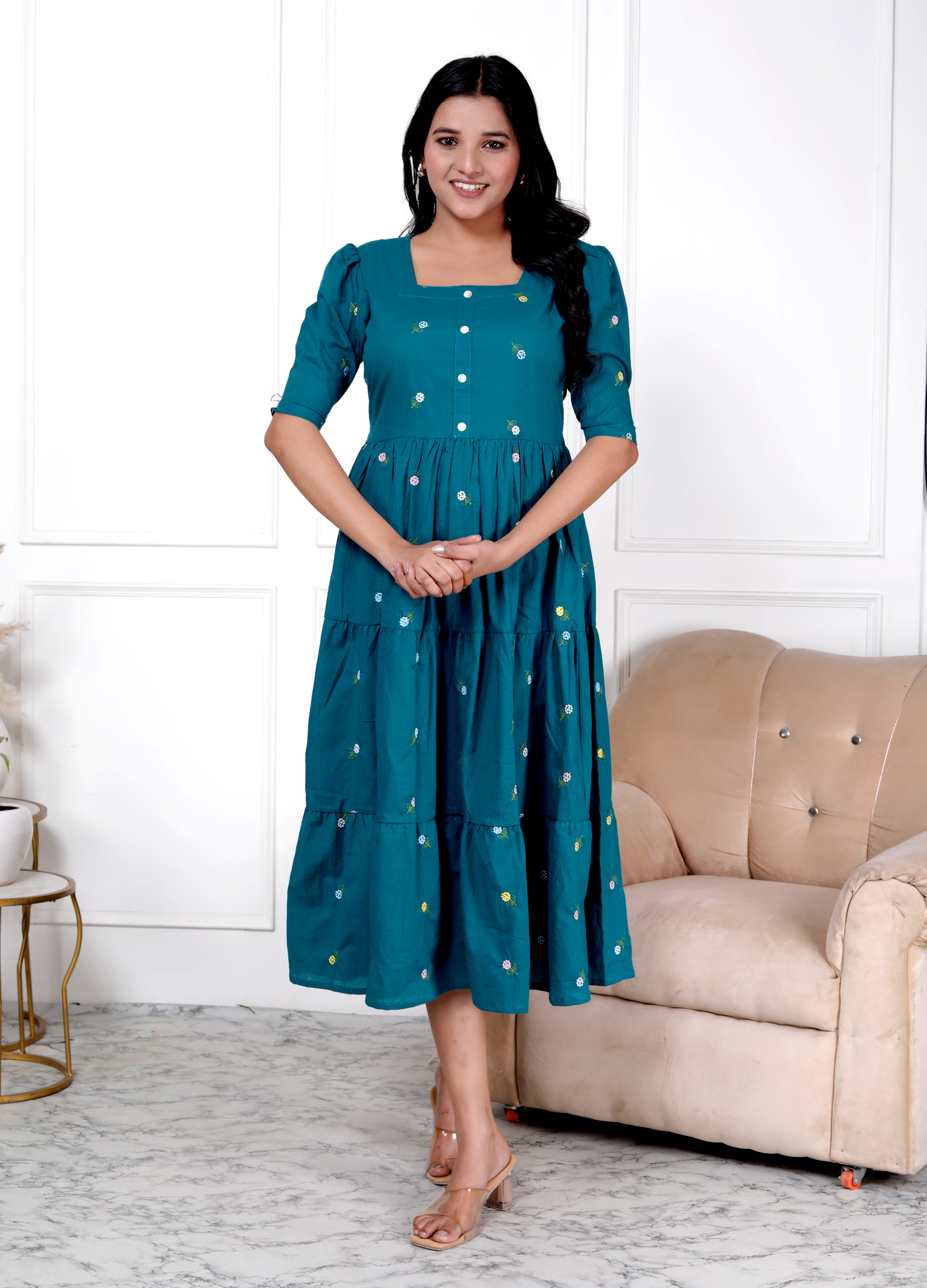 women Cotton Petrol Blue Embroidery Small Flowers Middi Gown